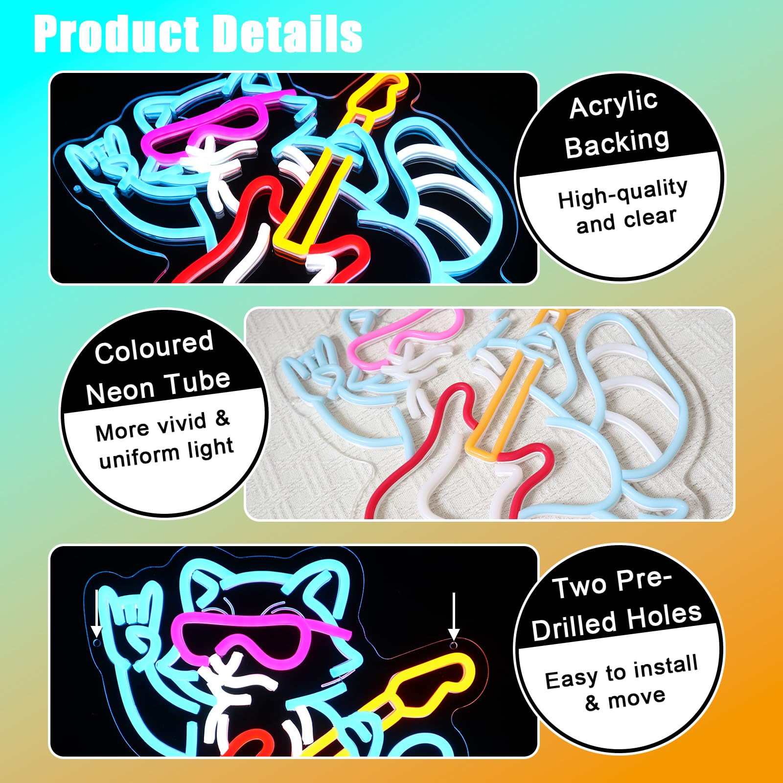 Waschbär Gitarre Neon Schild Rock Musik Led Neonschild Wand Lustig Neon Sign USB Led Schild für Spielzone Bar Live Musik Studio Büro Garage Schlafzimmer Zimmer Party Laden Geschenk