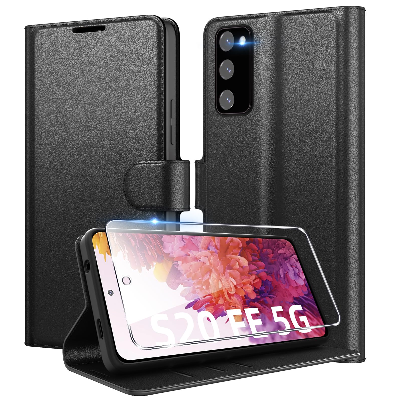 Eirltiy Cover per Samsung Galaxy S20 FE 5G Portafoglio Pelle PU Premium, Custodia Scomparti Carte Antiurto Protettiva Case con 1 Vetro Temperato, Nero