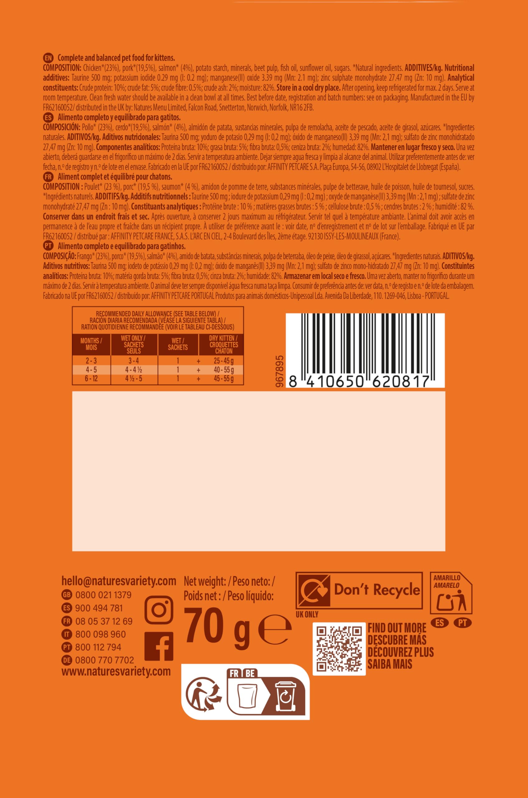 Nature's Variety Bocaditos en Salsa Comida Húmeda para Gatitos con Pollo/Salmón: Multipack 11 x (4x70g)