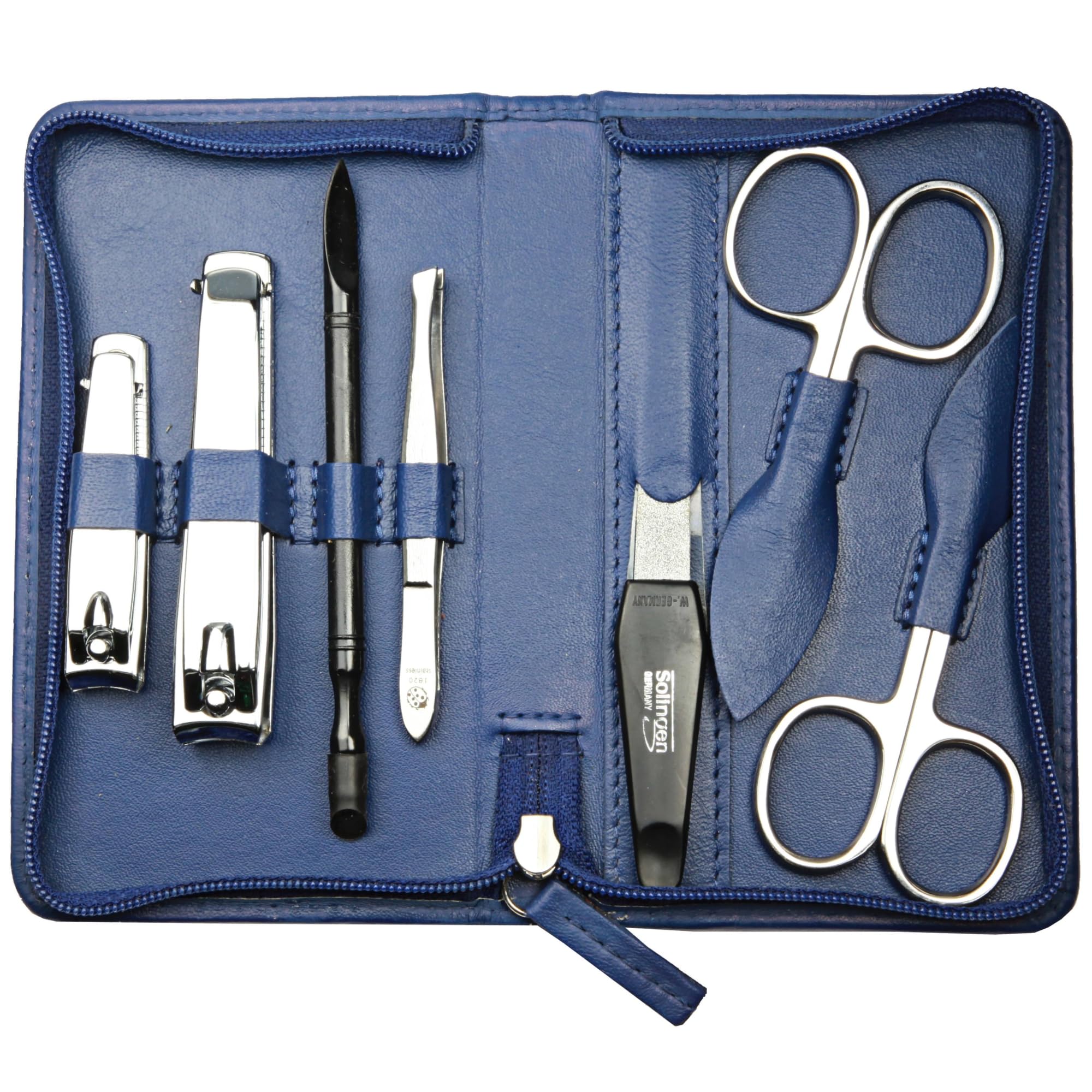 Juego de manicura de 7 piezas – Estuche con cremallera con instrumentos de acero inoxidable y acero al carbono – Juego de manicura y pedicura – Funda de piel de cordero de napa (azul cobalto)