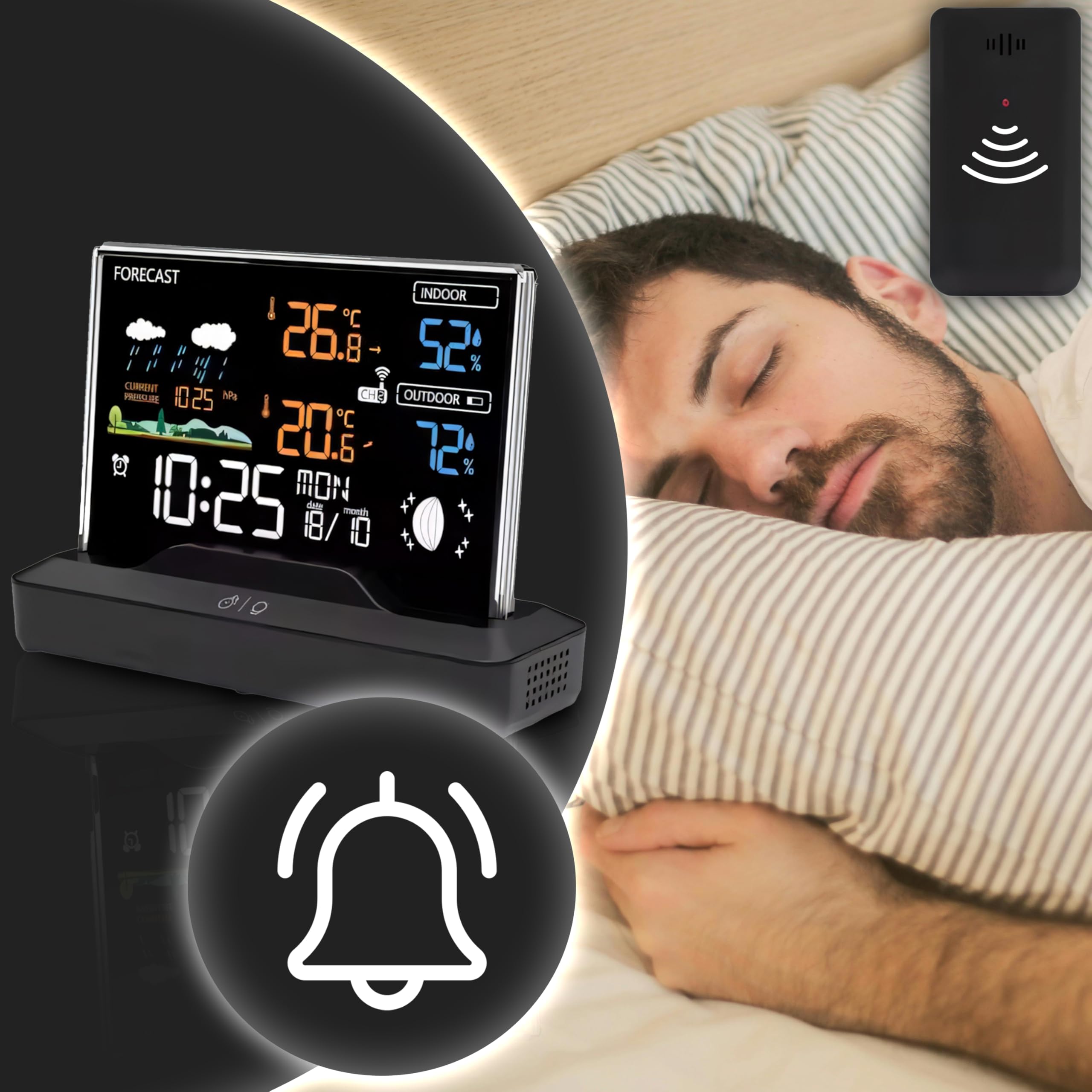 Retoo Stazione Meteo Wireless con Sensore Esterno, Termometro Igrometro Barometro, Display LCD, Previsioni, Fasi Lunari, Orologio Radiocontrollato, Sveglia, Nero