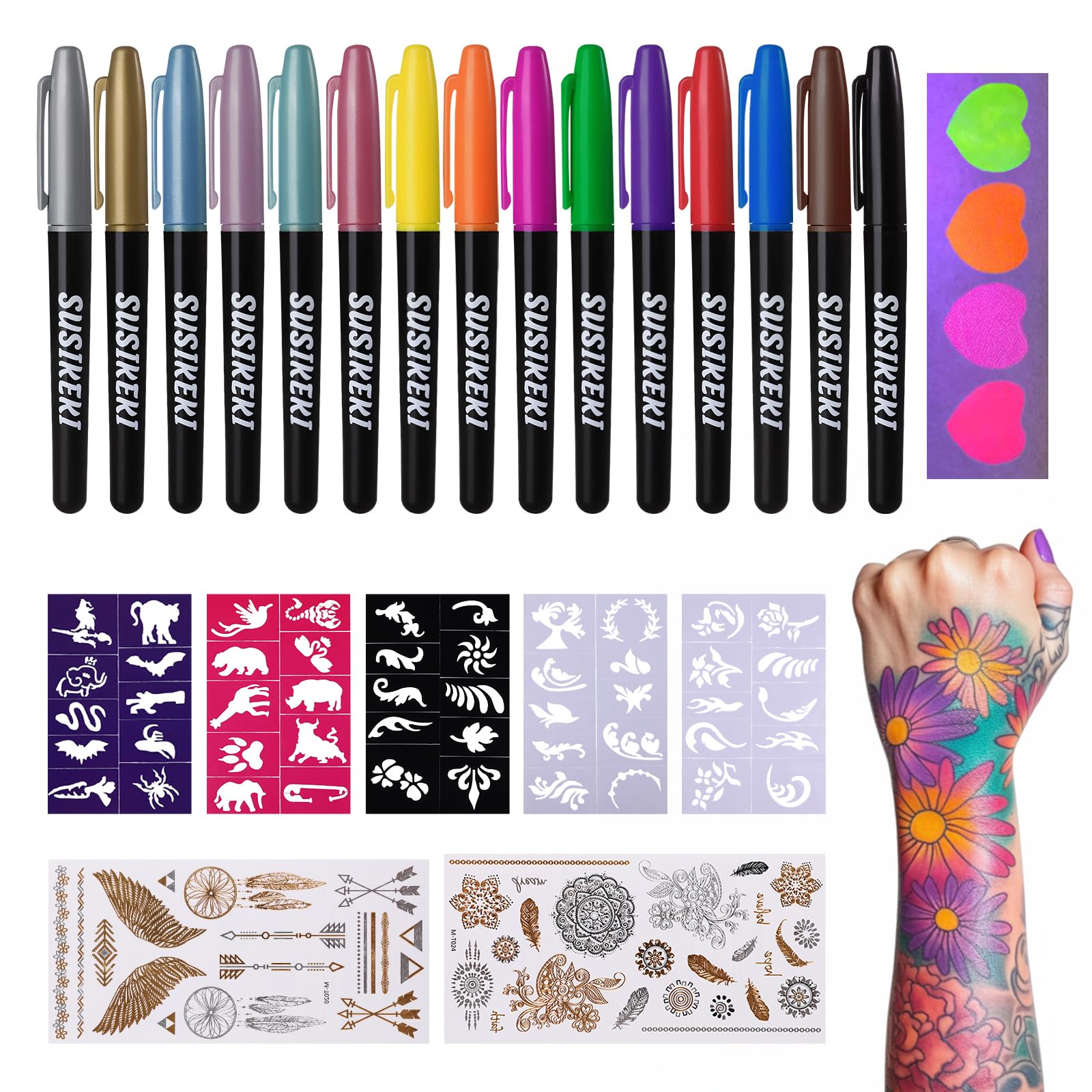 Temporary Tattoo Marker for Skin, 15 Colors Tattoo Pen + 50 Stencils for Painting + 43 Henna Tattoo Sticker, Glitter & Matte & Neon Glow Face Body Paint Markers for Teens and Adult Single-Ended