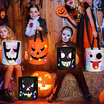 Teling 6 Pcs Halloween Trick or Treat Bucket Light up Pumpkin Candy Bags LED Halloween Treating Baskets Reusable Goody Gift Tote Bag for Birthday Party Favor Supplies(10.4 x 9.8 Inch,Smile Face)
