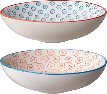 Bloomingville Ceramic Pasta Bowls Emma - colorful Serving Dish Dia 7.5 H 2, blue-orange, Stoneware, Set of 2 Styles, content 19.25 fl oz