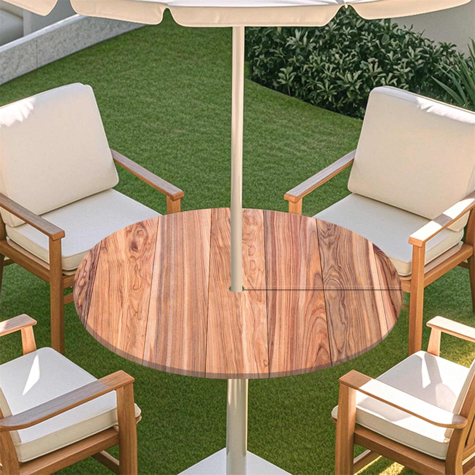 Fasbuy Outdoor Round Tablecloth with Parasol Hole and Zipper, Woodgrain Table Cloth Waterproof, Damask Ceramic Tile Mandala Wipeable Tablecloths Elastic Edge for Patio Garden (Wood1,S)