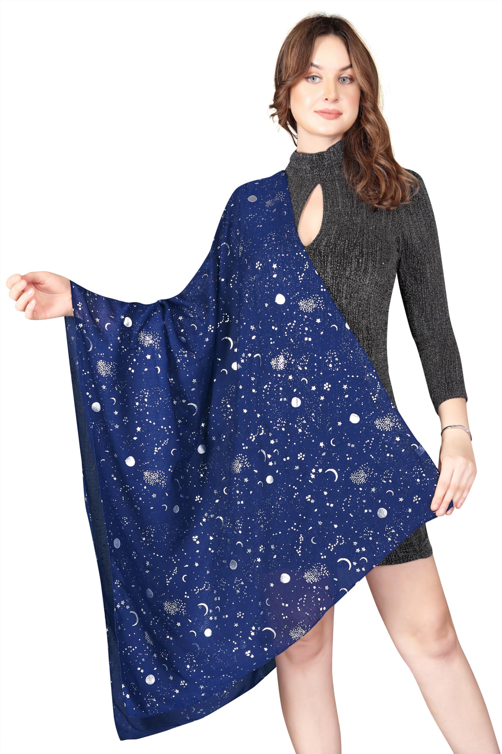 London Scarfs Women's Navy Blue Moon Silver Gold Glitters Shimmer Foil Stars Scarf Shawl Wrap (Navy Blue Moon)