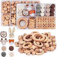 Wooden Beads Wooden Rings Set, 322 Pieces Beech Wooden Beads Round Wooden Balls with Hole for Threading, Letters Crochet Wooden Beads for Macrame Crafts, DIY Jewellery Accessories