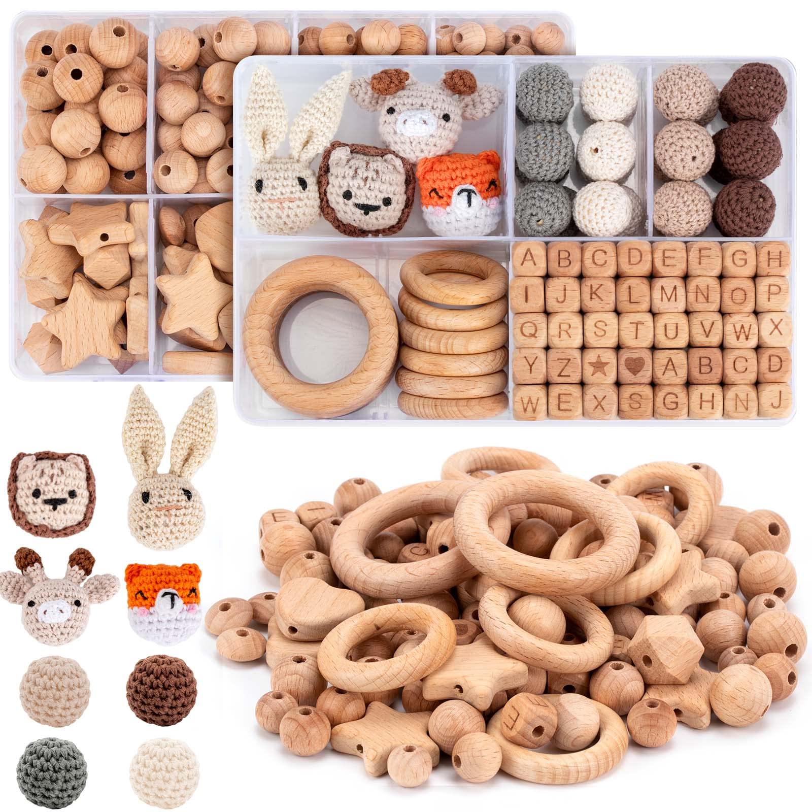 Holzperlen Holzringe Set 322 Stück Buchenholzperlen Rund Holzkugeln mit Loch für Makramee DIY Schmuck