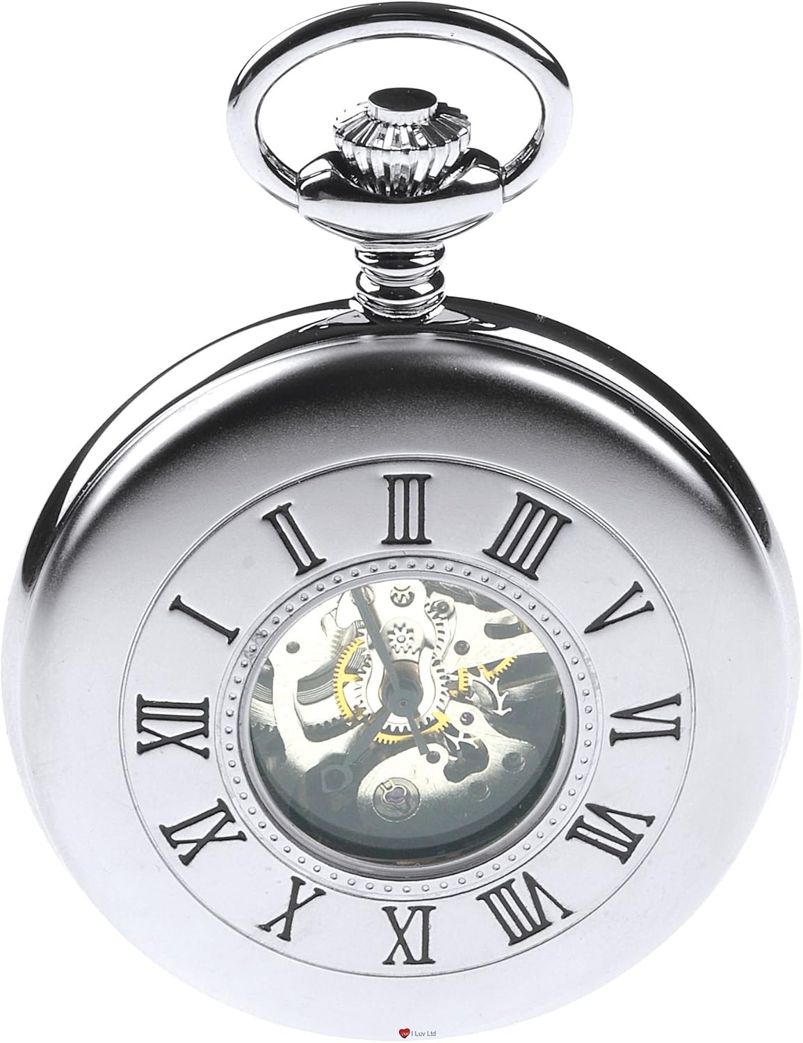 I LUV LTD Skeleton Half Hunter Pocket Watch Chromed Plain Back - 17 Jewel Mechanical - Presentation Box