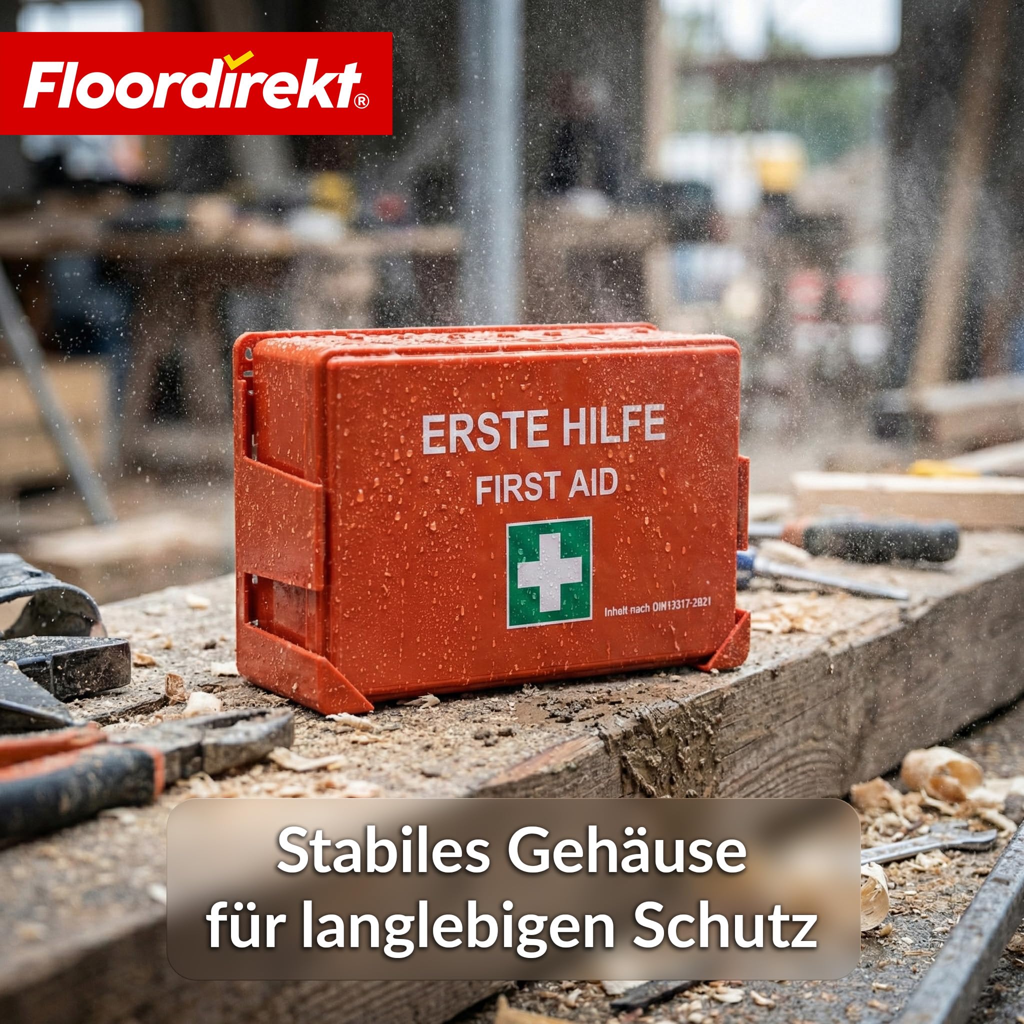 Floordirekt Erste Hilfe Kasten - DIN 13157:2021 - inkl. Wandhalterung, 5x Aufkleber & Plombe - Verbandskasten Betrieb - Erste Hilfe Koffer für Betrieb - Büro & Zuhause (Erste Hilfe Set)