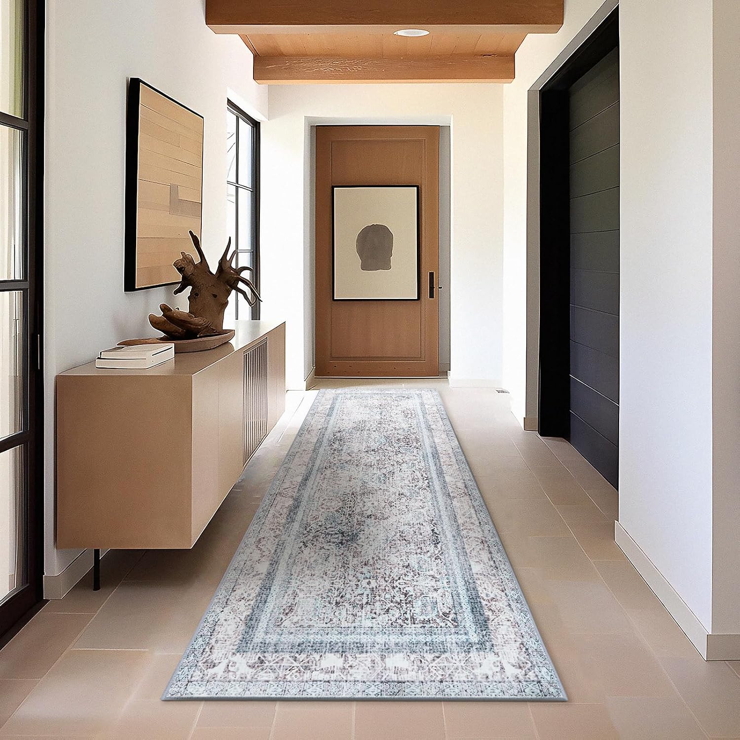 Phantoscope Washable Runner Rug 2'x6' Non-Slip, Vintage Neutral Hallway Rugs for Entryway, Stair, Bedroom, Distressed Boho Floral Medallion Pattern, Low-Pile Foldable Floor Carpet, Blue/Grey