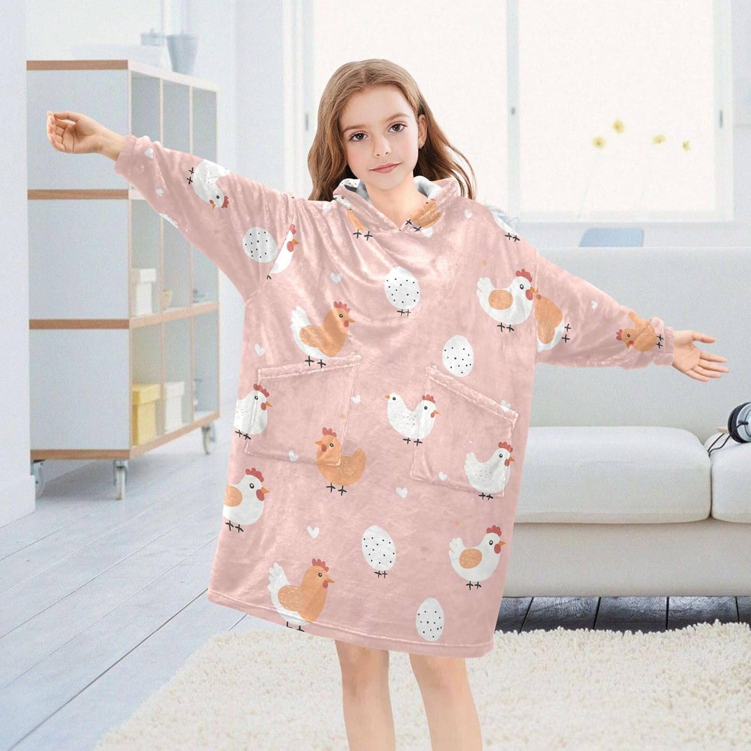 Cock Rooster Kids Wearable Blanket Hoodie with Pocket and Sleeves for Toddlers, Cute Hoodies Girls Boys B0403779
