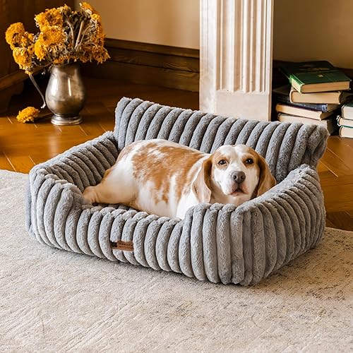 MEWOOFUN Dog Couch Bed, Fluffy Small Dog Bed with Removable Washable Cover, Supportive Cat Couch for Cats & Dogs up to 25 lbs (Grey, 30x21x12) - Grey - 30x21x12"
