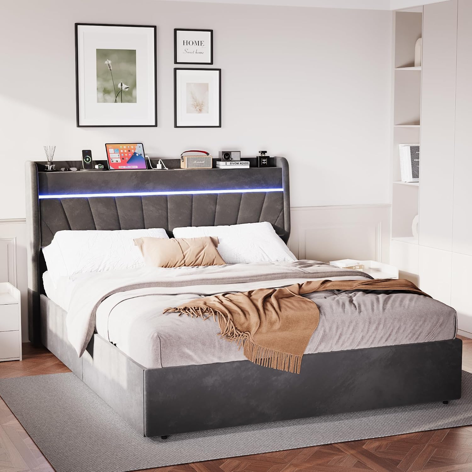 Weehom Queen Bed Frame with Charging Stationand LED Light, Wingback Upholstered Platform Bed Frame,Lift Up Storage, Wooden Slats Support, No Box Spring Needed, Dark Gray