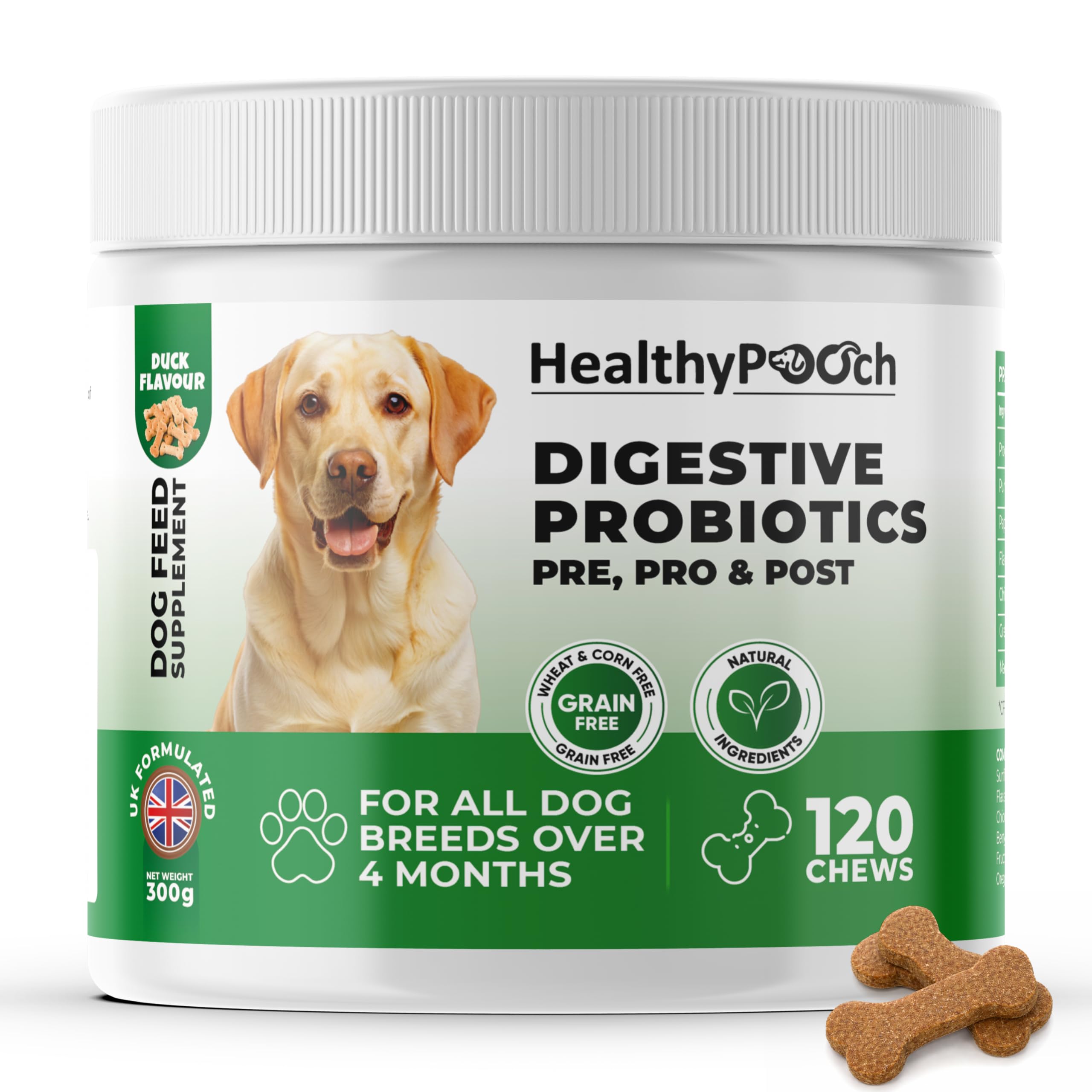 HealthyPooch | Dog Digestive Probiotics – Pre, Pro & Post – Gut Health, Sensitive Stomach, Sentitive Tums, Itchy Ears & Anal Gland Support – Grain Free – All Breeds & Sizes
