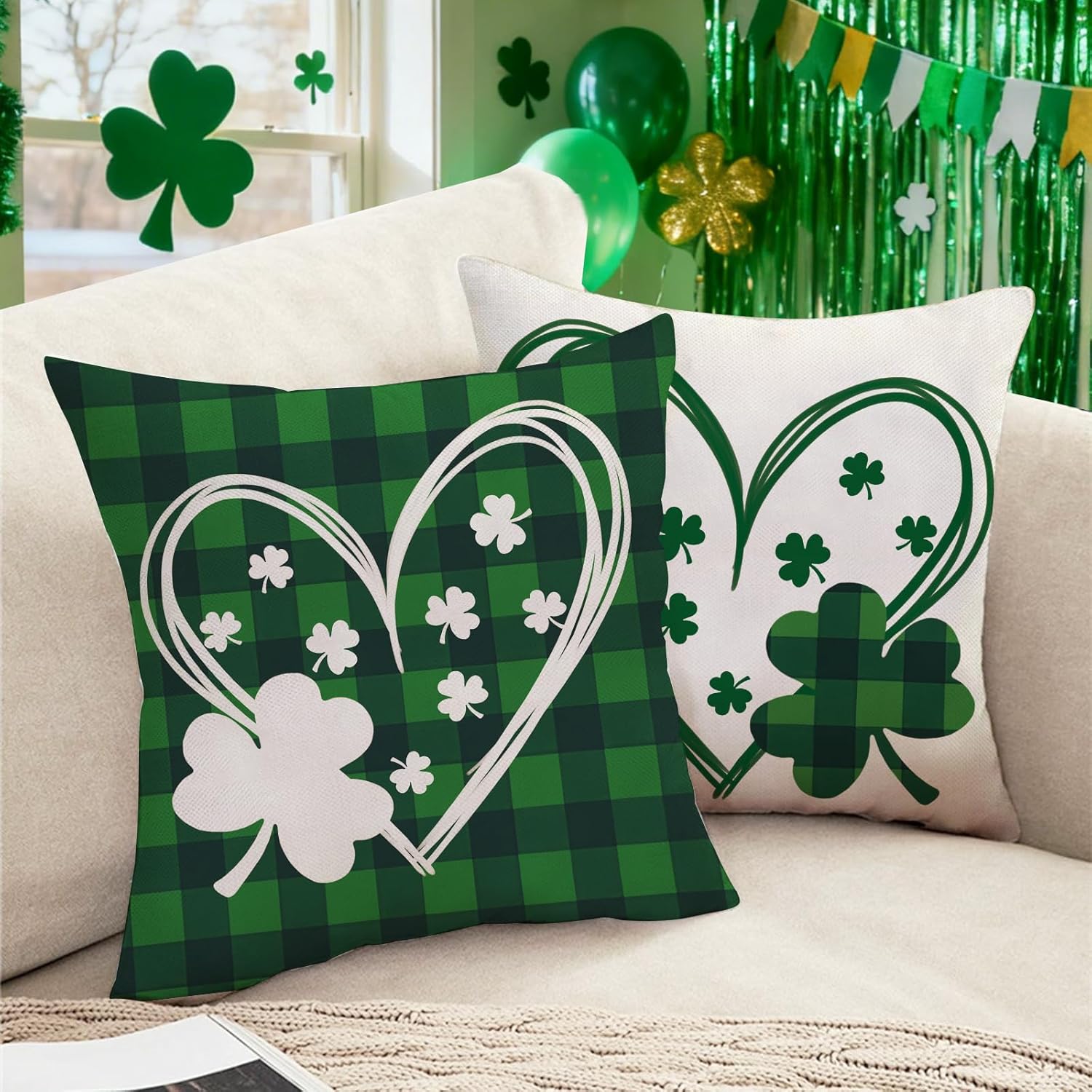 St Patricks Day Love Heart Decorative Throw Pillow Covers 18 x 18 Set of 2, Lucky Shamrock Clover Porch Outdoor Home Decor, Irish Spring Buffalo Plaid Sofa Couch Cushion Case - Image 6