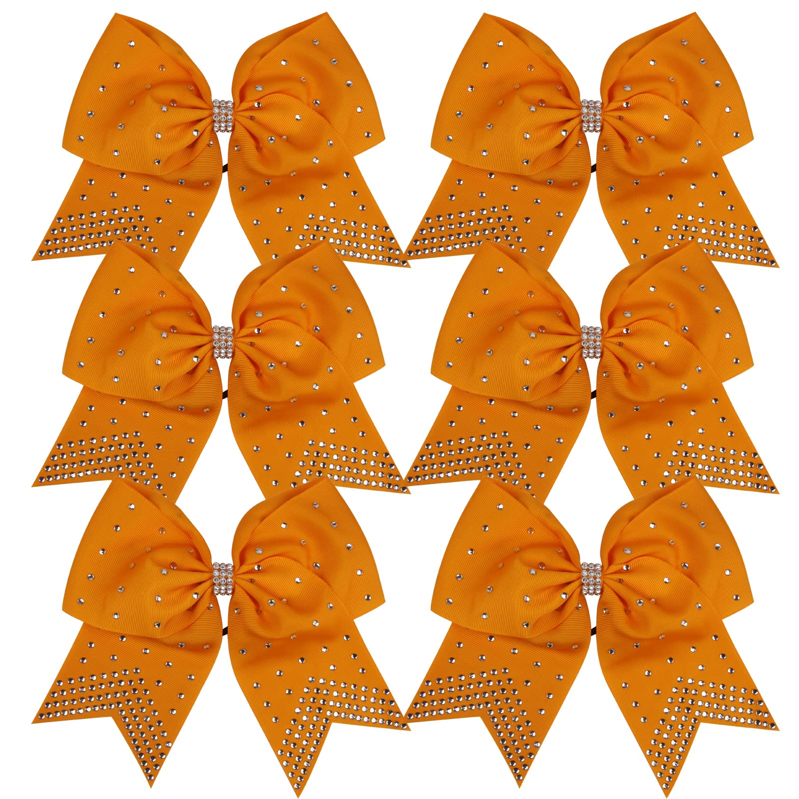 8 Inch Cheerleader Bows Ponytail Holder with Bling Fling Rhinestones Hair Tie Cheerleading Bows 6 Pcs (Orange)