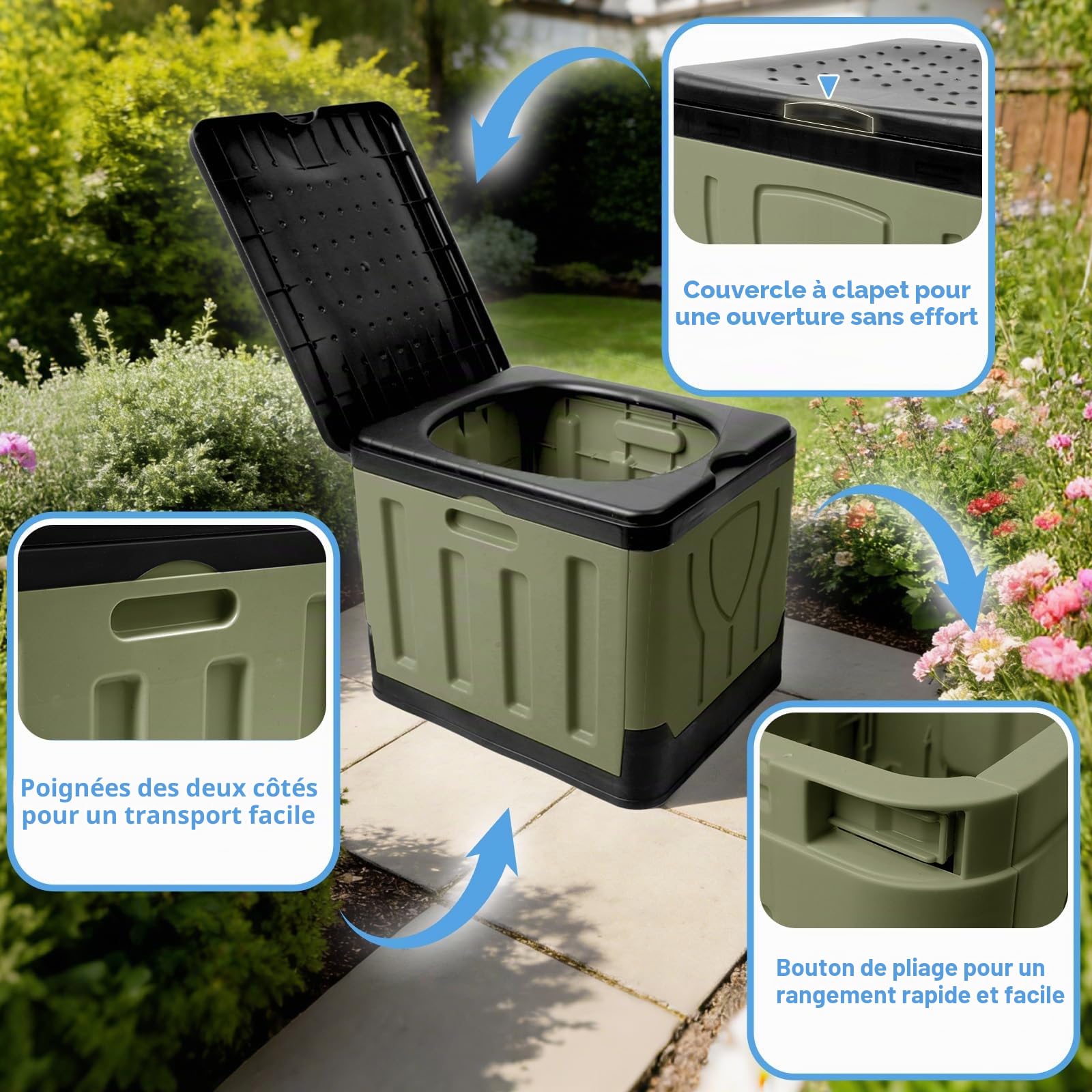 Huracan Toilettes de camping pliables, toilettes mobiles portables jusqu'à 200 kg, hauteur d'assise compacte de 34,5 cm, avec sac de rangement et sacs poubelles, toilette de voyage pour camping