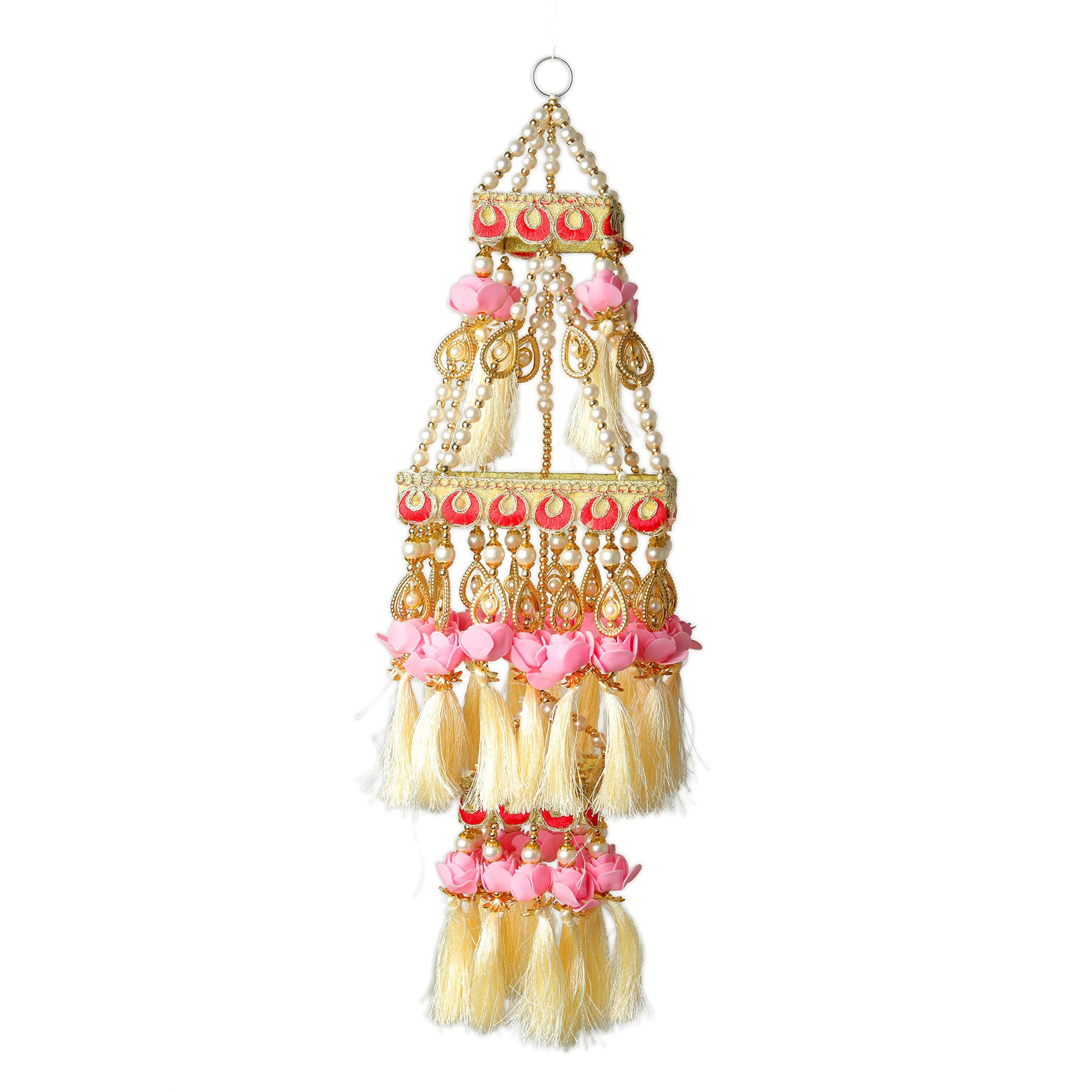 Wall Roof Square Centre Hanging Wall Roof Ceiling Hangings Jhoomar Rose Flower Hangings Decorative Ornament Indian Christmas New year Decorations Indoor Outdoor Home Décor (Size:-17")(Pink & White)