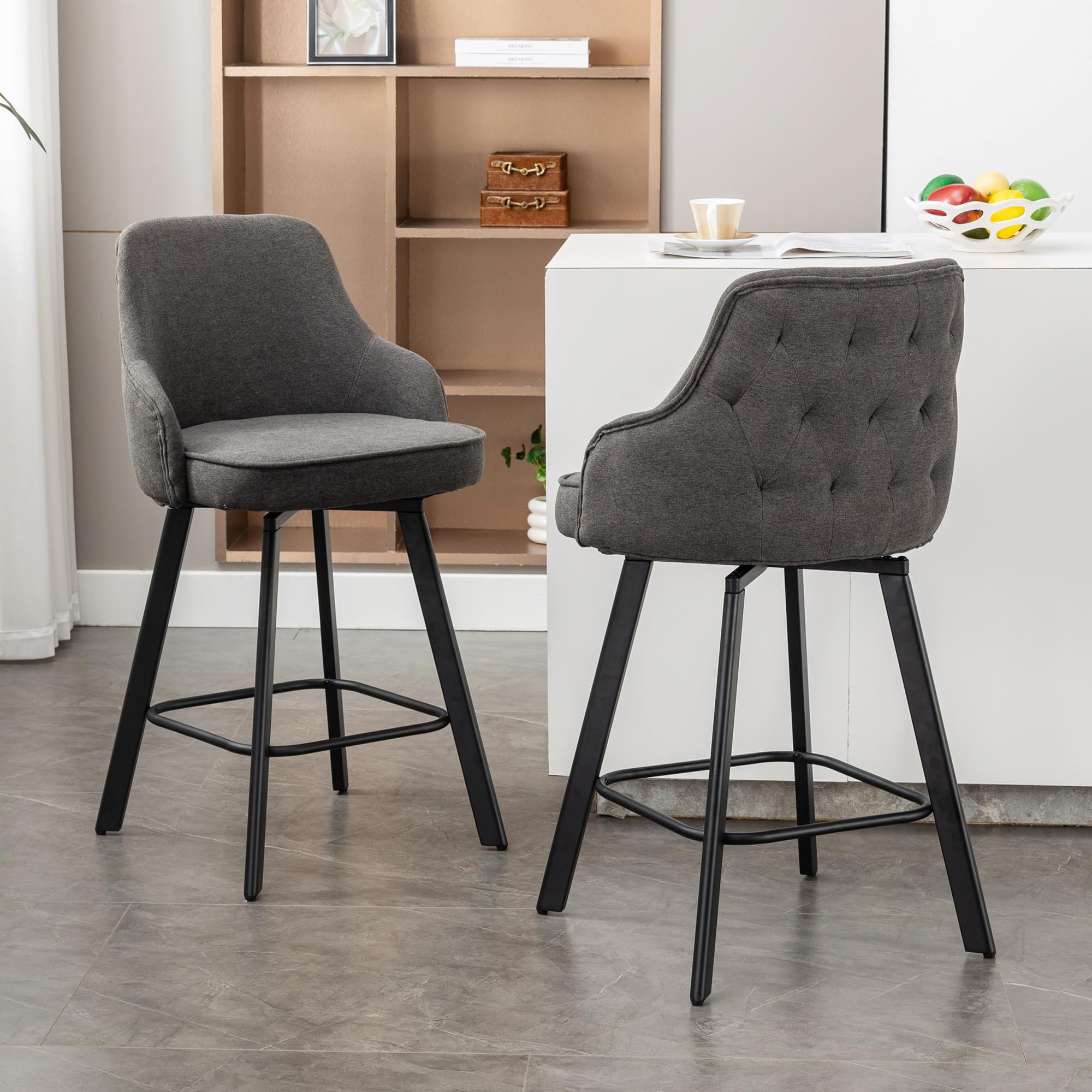 FIRAVOE Bar Stools Set of 2, 26" Swivel Counter Height Bar Stools with High Back, Linen Kitchen Barstools Counter Height for Kitchen Island (Dark Grey