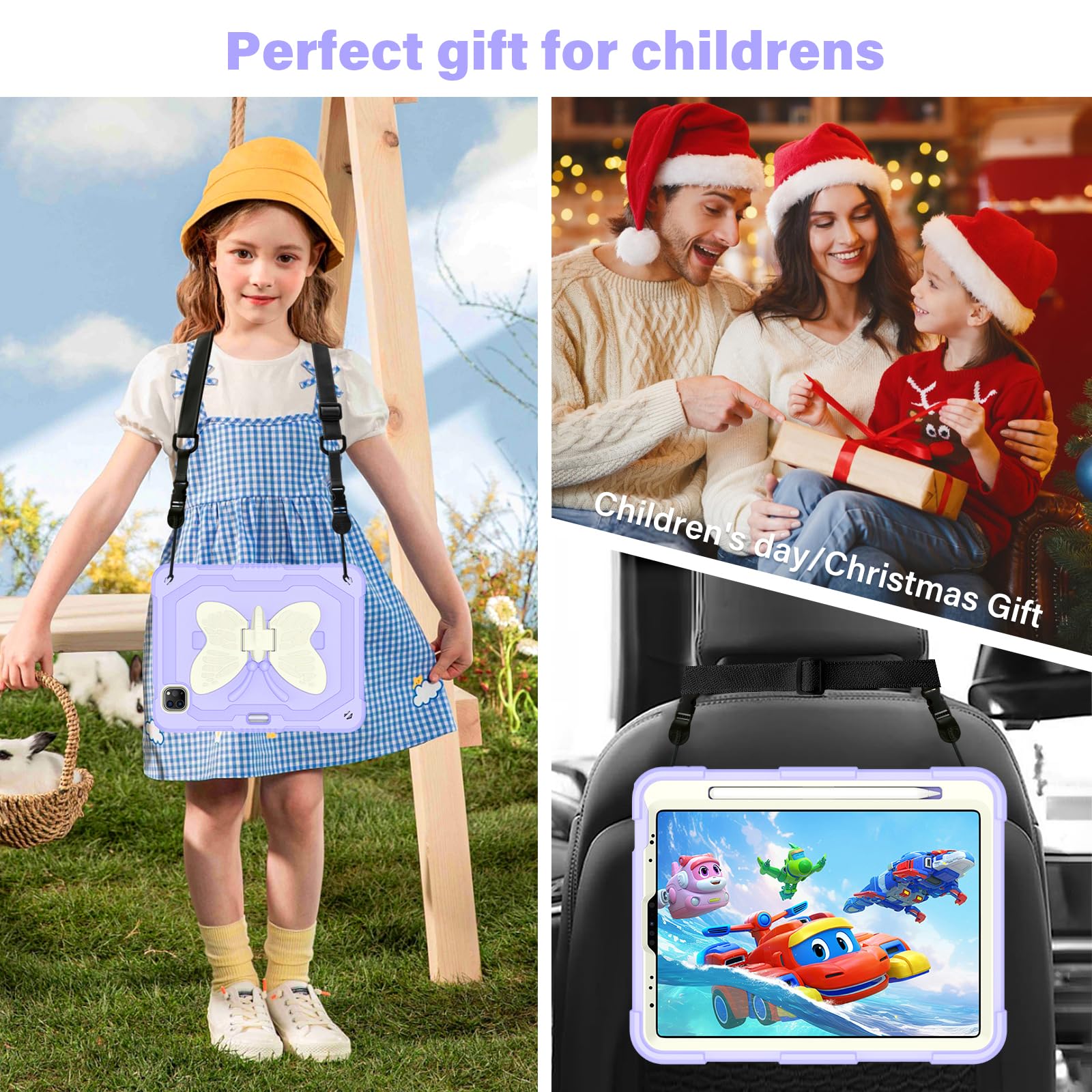 HOGENL Étui papillon pour iPad Pro 11" 2022/2021/2020/2018/iPad Air 5e/4e génération avec porte-crayon, bandoulière de protection robuste pour enfants et filles – Violet