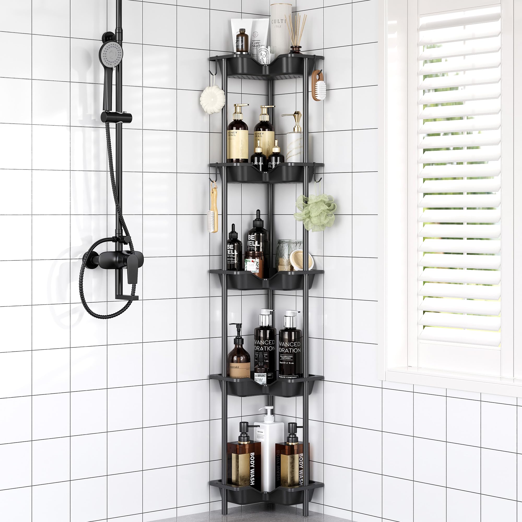 Oriware Estanteria Baño de Ducha de Pie, Organizador de Esquina de Piso de Empalme con 4 Ganchos, Cesta Ducha sin Taladrar para Baño (Negro, 5 Tier)