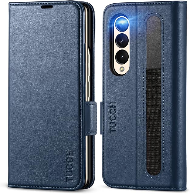 TUCCH Case for Galaxy Z Fold 4 (7.6") 2022 5G, PU Leather Case with S Pen Slot[RFID Blocking][Viewing Stand][Card Holders][Hard PC], Wallet Flip Stand Cover Compatible with Galaxy Z Fold4, Dark Blue