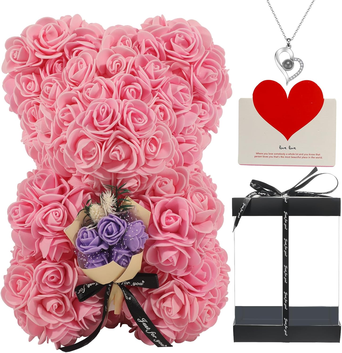 FLOWERS Rose Bear Gifts for Mothers Day, Teddy Bear with Rose Bouquet, Necklace, Greeting Card, Gifts Box for Mom, Wife, Grandma, Anniversary, Birthday, Home Decor