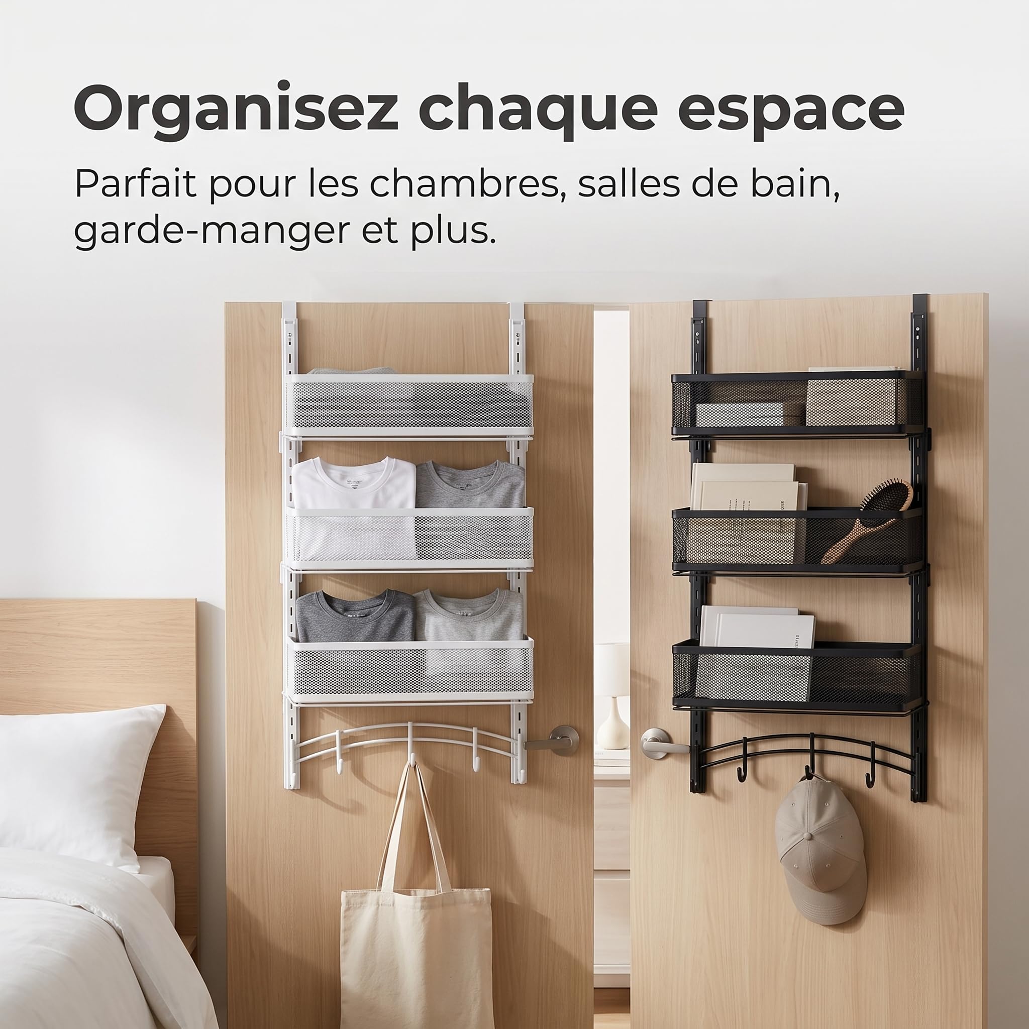 Organisateur porte sans perçage - panier suspendu pour rangement porte à suspendre - Pour les vêtements, Blanc, 3 paniers suspendus