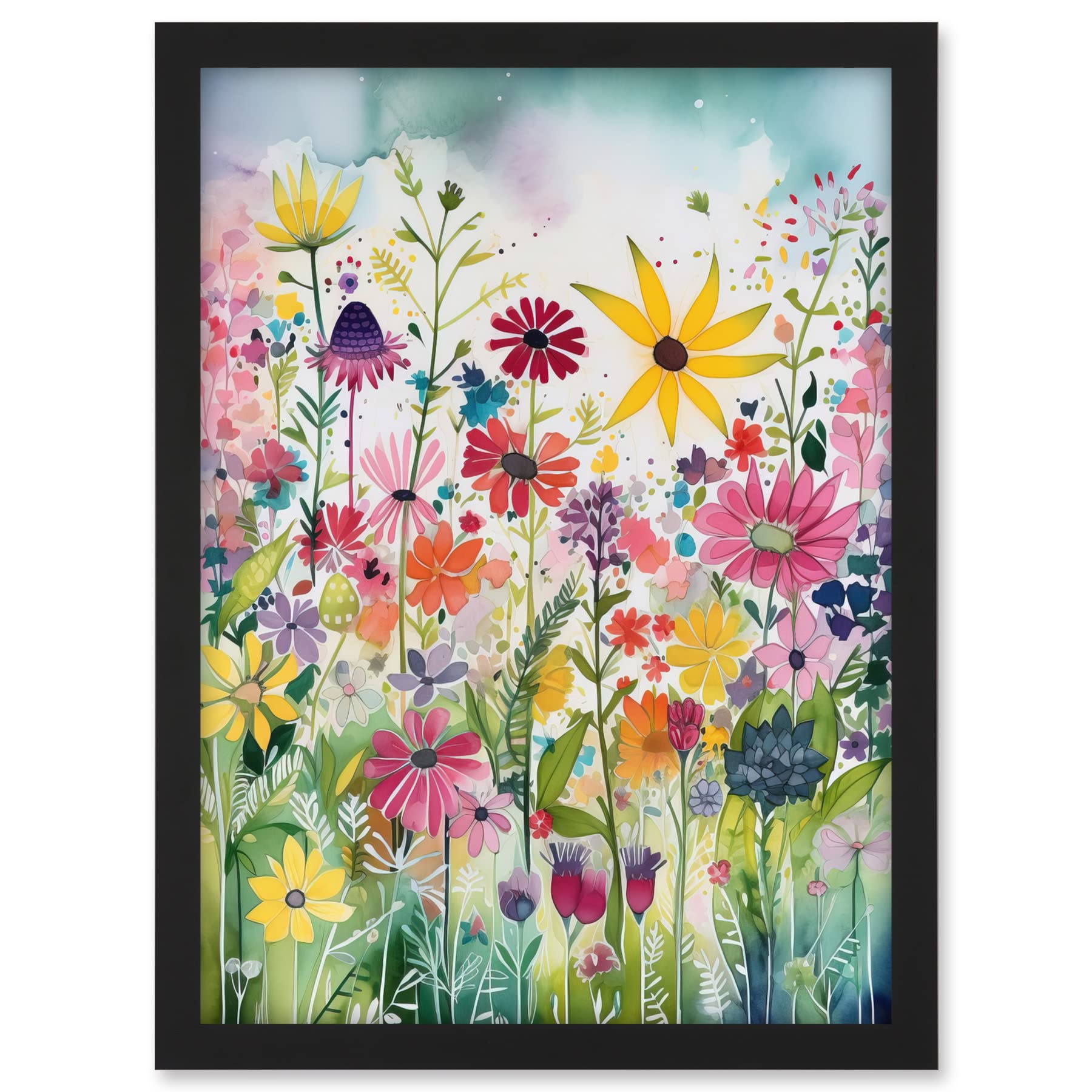 Artery8 Bright Wildflower Floral Blooms Folk Art Artwork Framed A3 Wall Art Print