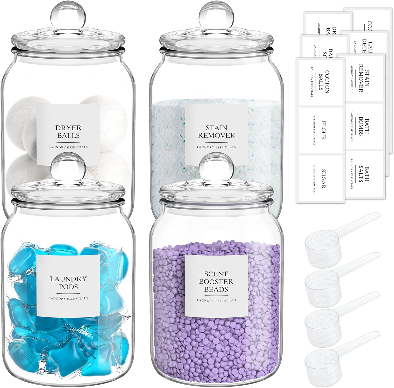 Laundry Pods Container,Laundry Detergent Container Made of glass,4 Pack Glass Jars with Lids and Labels