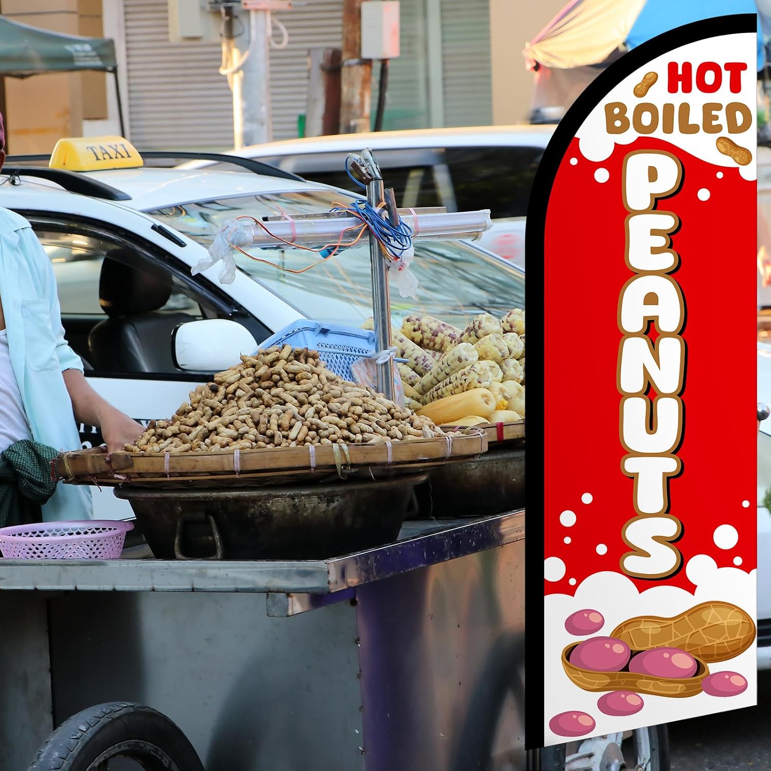 Peryiter Hot Boiled Peanuts Advertising Feather Flags 8.2ft Boiled Peanuts Swooper Banner with Pole Ground Stake and Bag Advertising Feather Flag Signs for Outdoor Business Snack Stalls Farmers Market