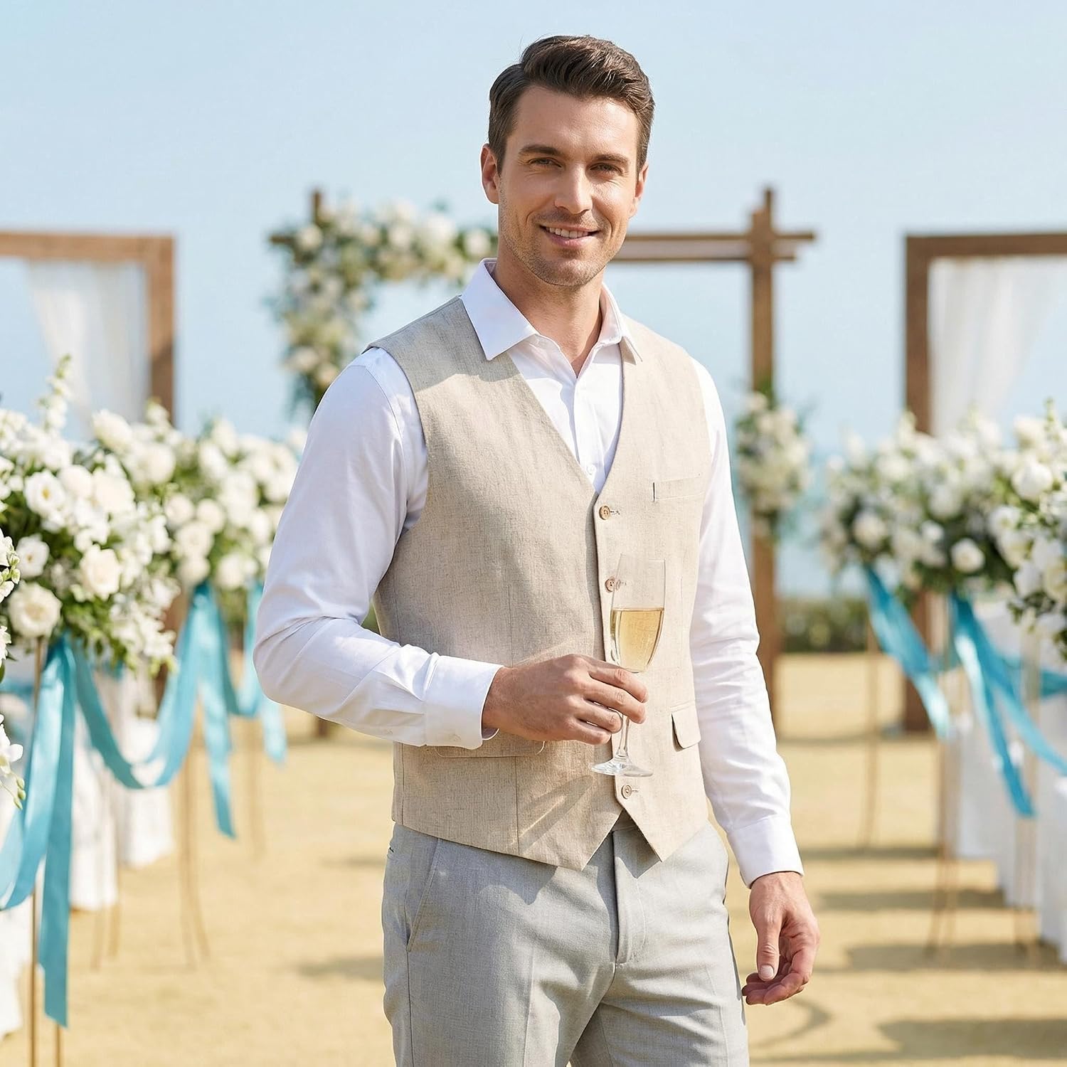 SOLOVEDRESS Men's Casual Linen Suit Vest