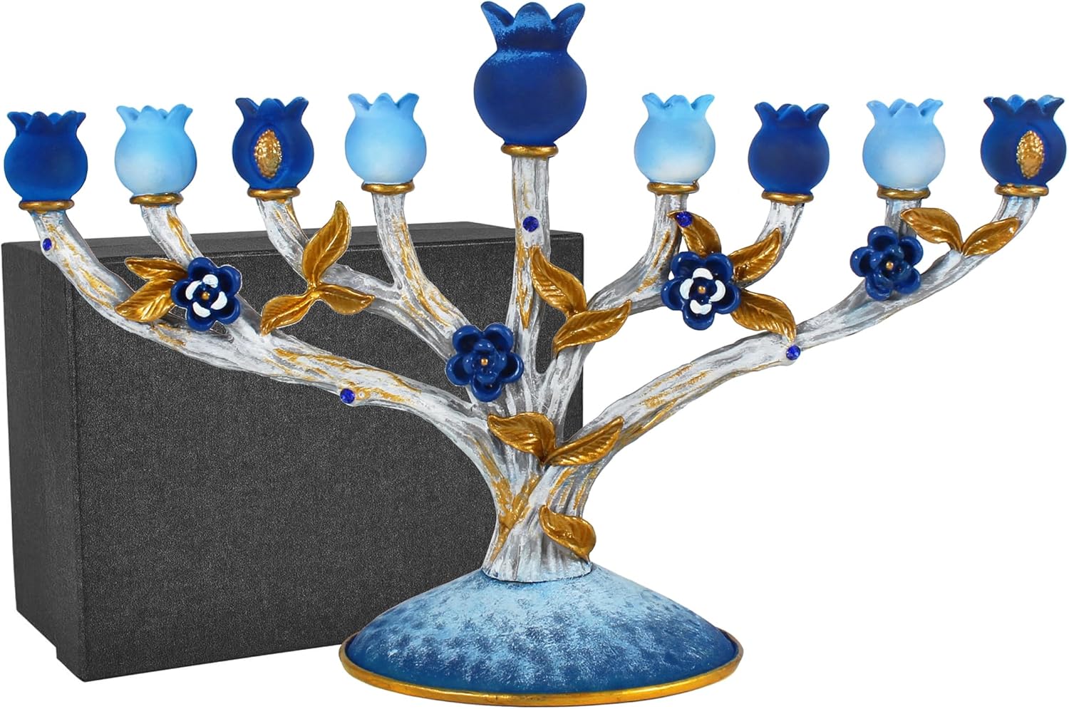 Zion Judaica Pomegranates Tree Hanukkah Menorah Multi Blue & Gold Accents Hanukkiah Zinc Alloy Branch Design Fits Standard 0.38" Hanukkah Candles Gift Boxed