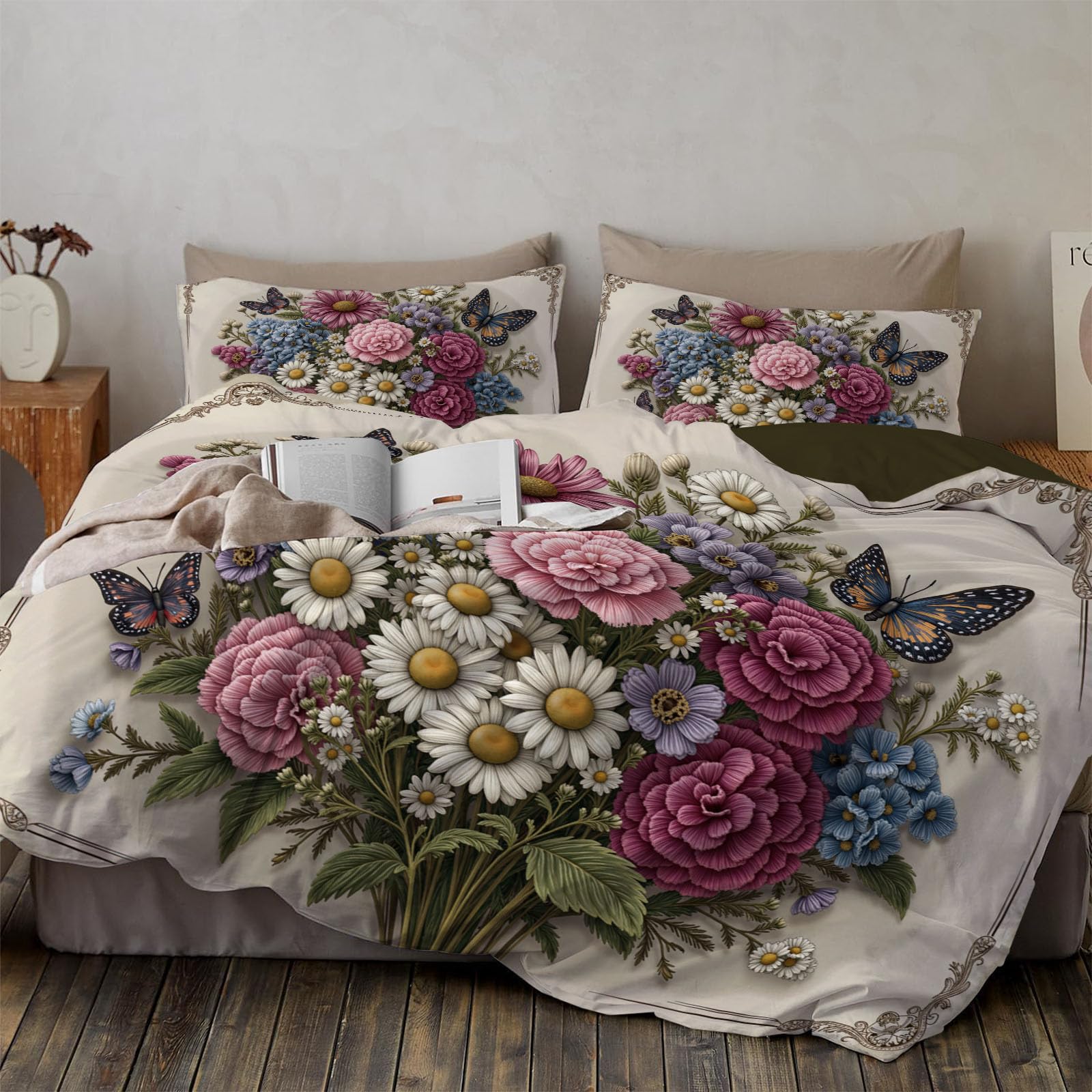 Housse de couette 140x200 fleurs sauvages et papillons avec taie 65x65