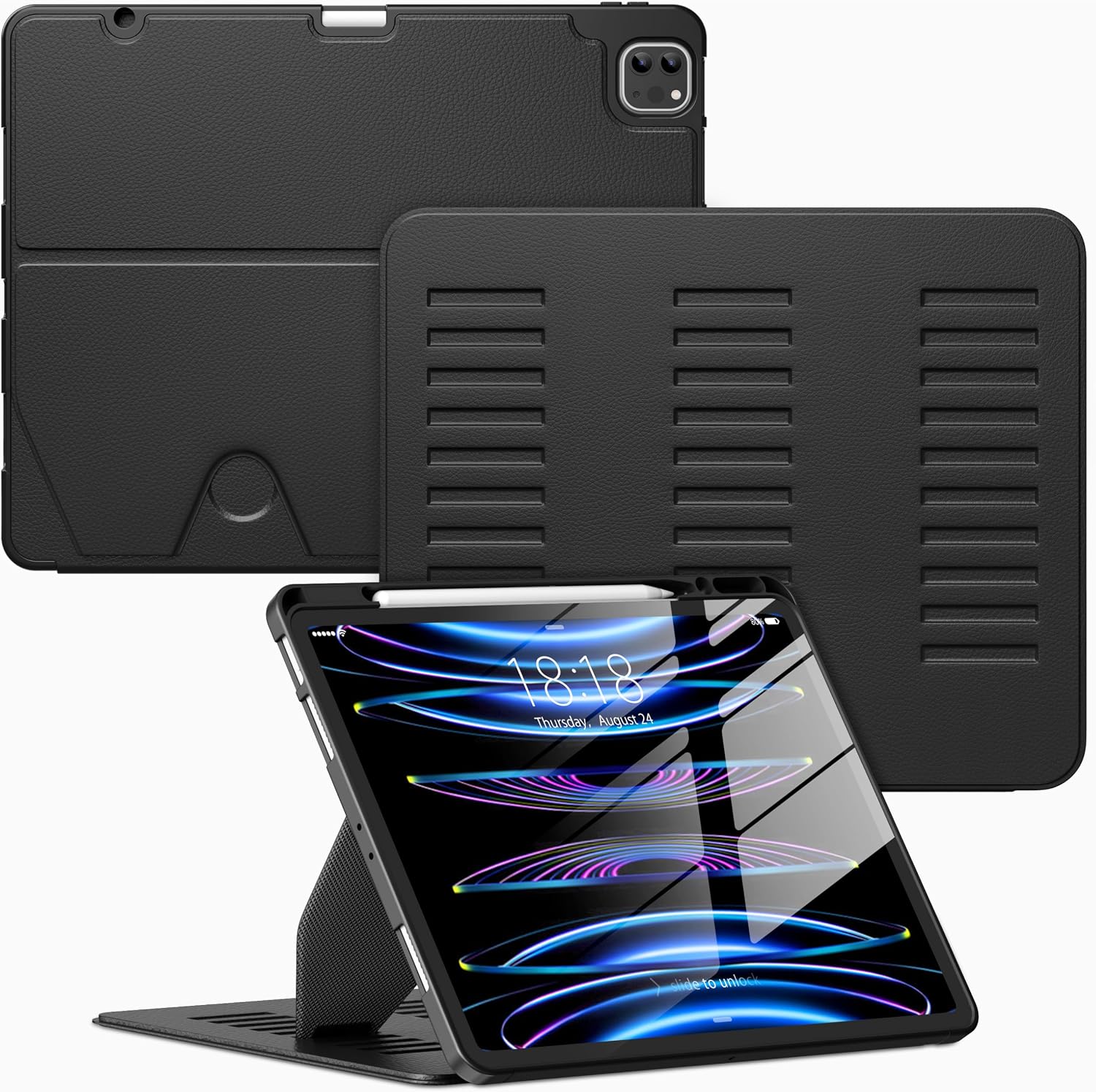 Case for iPad Pro 12.9 6th/5th/4th/3rd Generation Case 2022/2021/2020/2018 | Multiple Angles Magnetic Stand Cover,Shockproof Soft Back,Pencil Holder,and Auto Sleep/Wake,Black