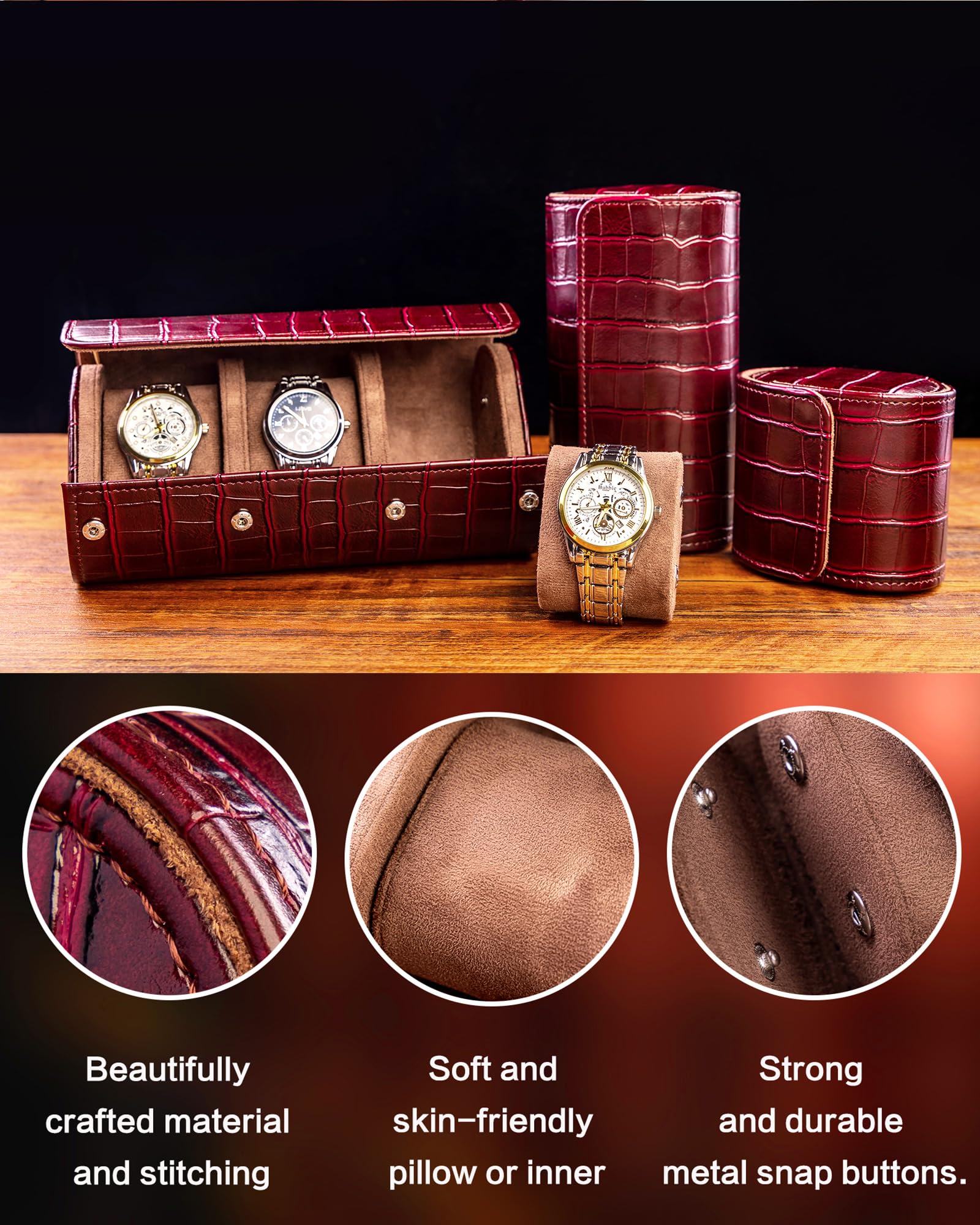 Estuche de viaje para 3 relojes MR.OKAY: estuche clásico color burdeos con una magnífica textura de cuero. (Estuche enrollable o organizador portátil para guardar y exhibir relojes). Regalo ideal pa