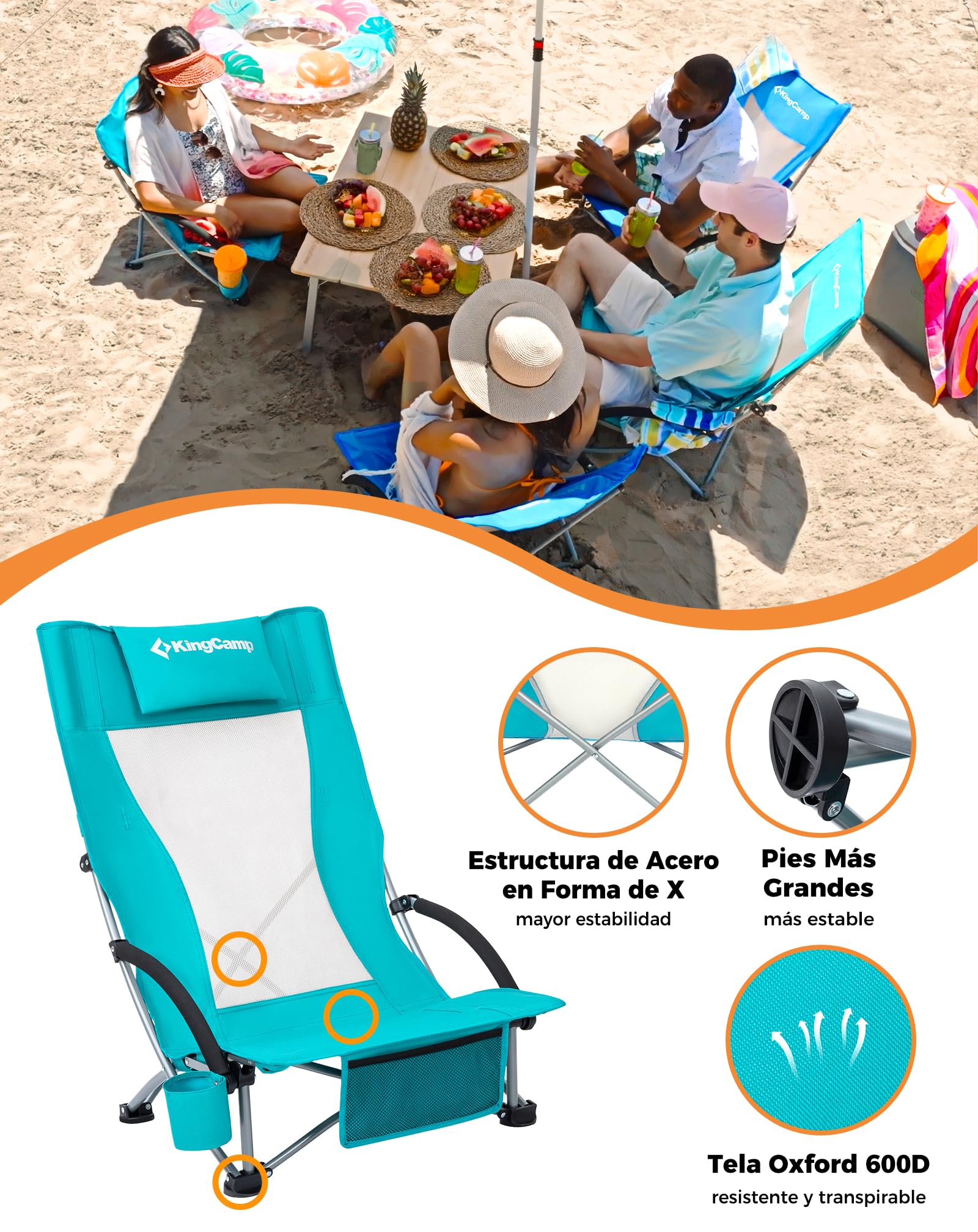 KingCamp Silla de Playa Baja Plegable Ligera Capacidad 180kg Silla Picnic Estabilidad Doble Tubo Silla Portátil para Conciertos Asiento Ancho y Bolsillo Cian