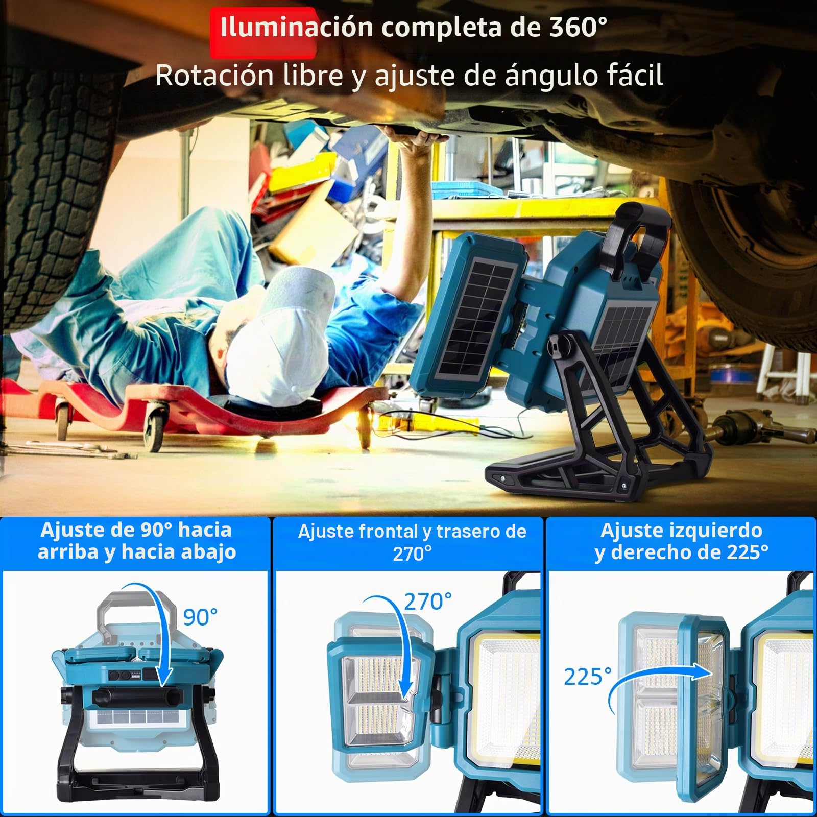 MASMEJOR 300W Foco LED Recargable, Foco LED BaterÍa 30000LM, 25000mAh con Panel Solar, 4 Modos de Luz & Iluminación de 360°, Ideal para Camping, Trabajo, Reparación, Construcción