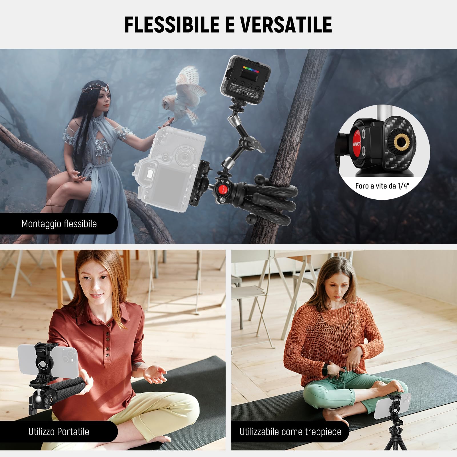 NEEWER Treppiede Flessibile per Telefono, Mini Cavalletto da Tavolo per Fotocamera con Portatelefono Nascosto, Attaco Action Cam Compatibile con iPhone GoPro DJI Insta360 Samsung per Vlog Video, TP34