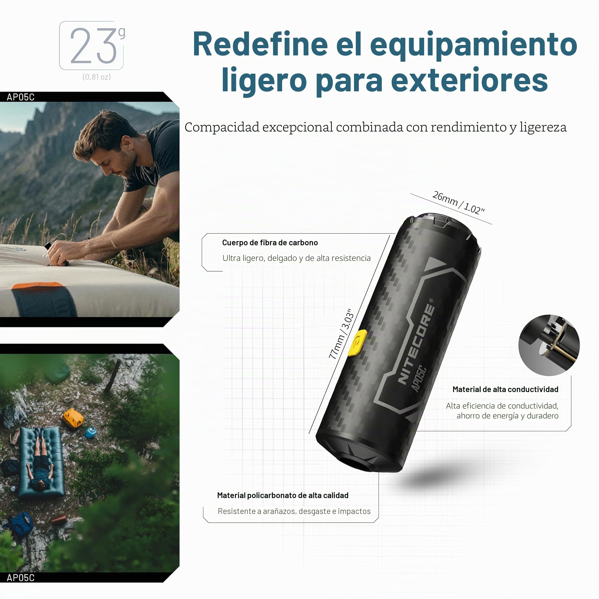 Nitecore AP05C - Bomba de aire de fibra de carbono ultraligera con etiqueta Nitecore