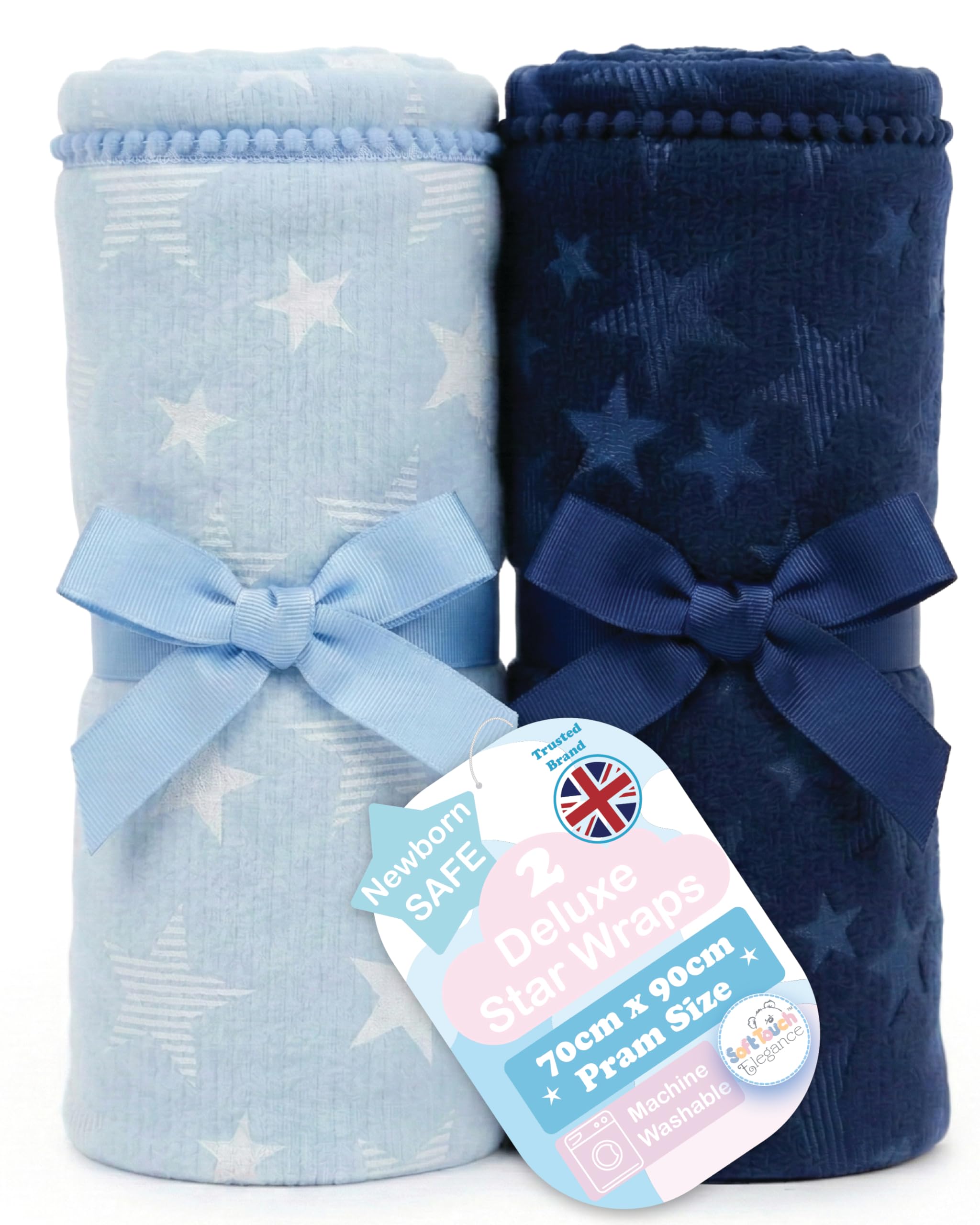 Soft Touch Pack of 2 Star Pom Pom Baby Wrap Blanket – Embossed Mink Baby Fleece, 75 x 90cm Pram Blanket for 0–24 Months, Soft Warm, Mixed Colours
