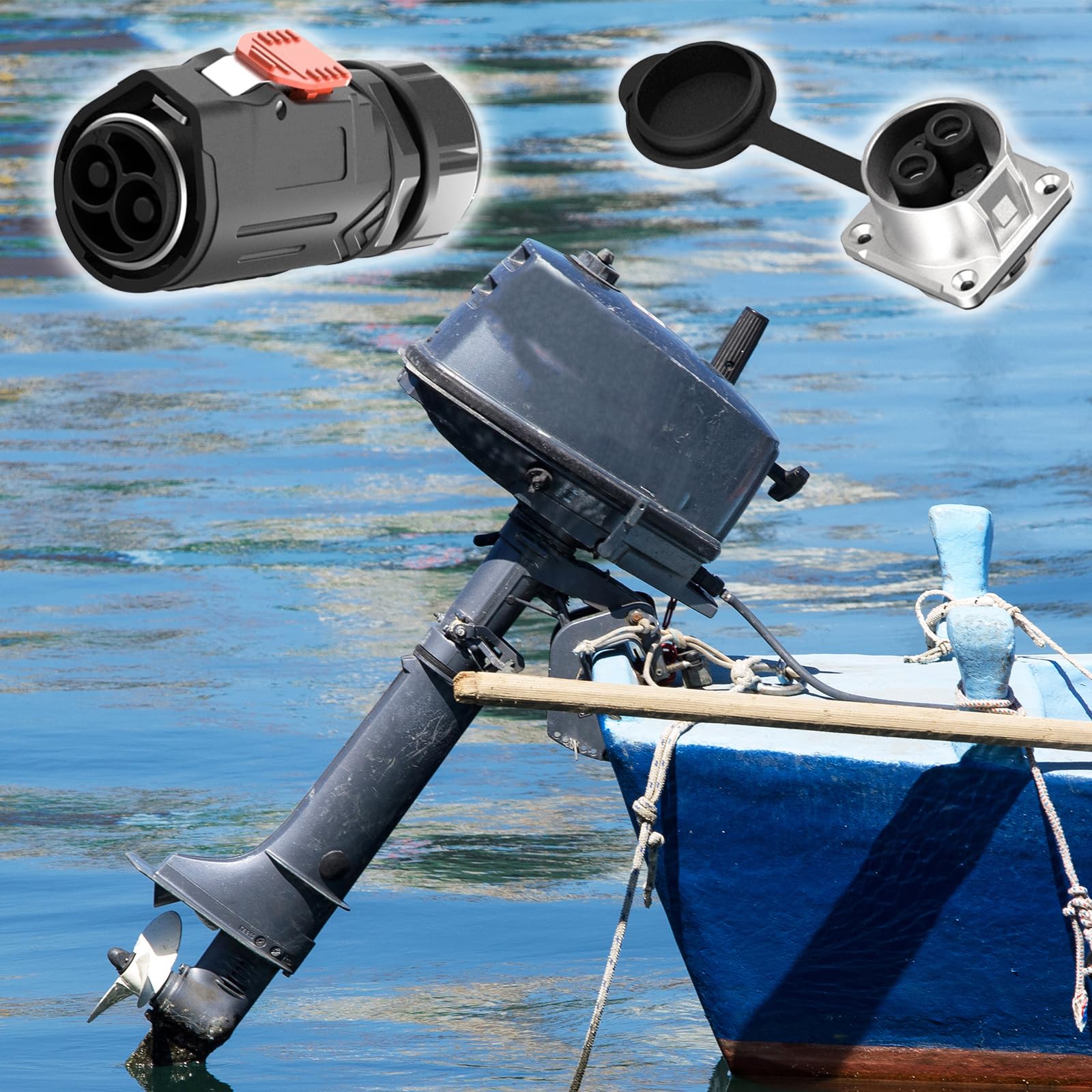 Steckerbuchsen für Boots-Trollingmotoren, 2-Poliger 120A Steckerbuchsensatz Wasserdichter IP67 Metallischer Energiespeicheranschluss Kompatibel mit Kabeln mit Durchmessern von 8,5–11,5 mm