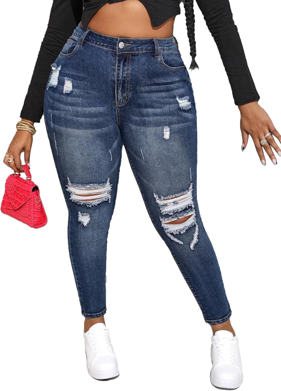 Womens Plus Size Skinny Jeans Stretchy High Waisted Ripped Distressed Ankle Jean - Image 3