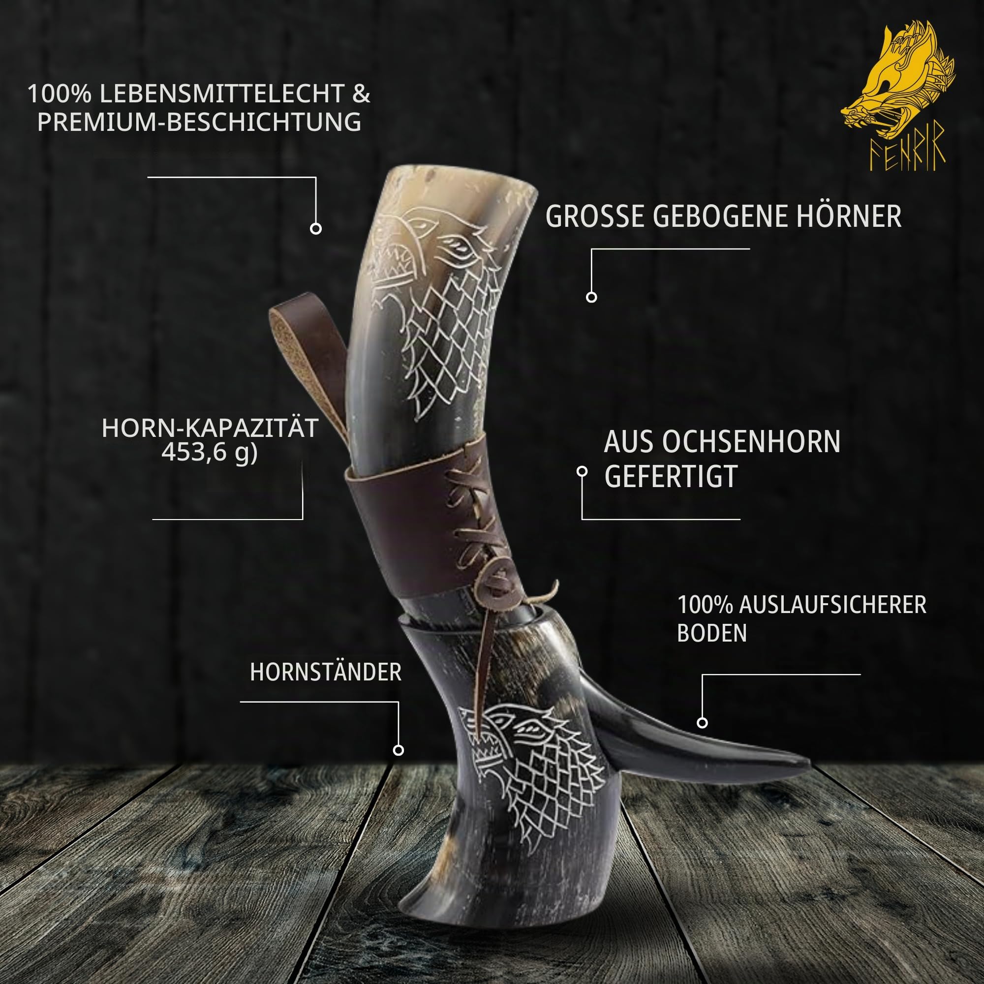 FENRIR Wikinger Trinkhorn aus echtem Leder mit braunem Holsteröffner, Wolf für Ale Met, Geschenk für Männer und Frauen, 100 % authentisches mittelalterliches Nordhorn, Größe 425 - 510 ml, natürlicher