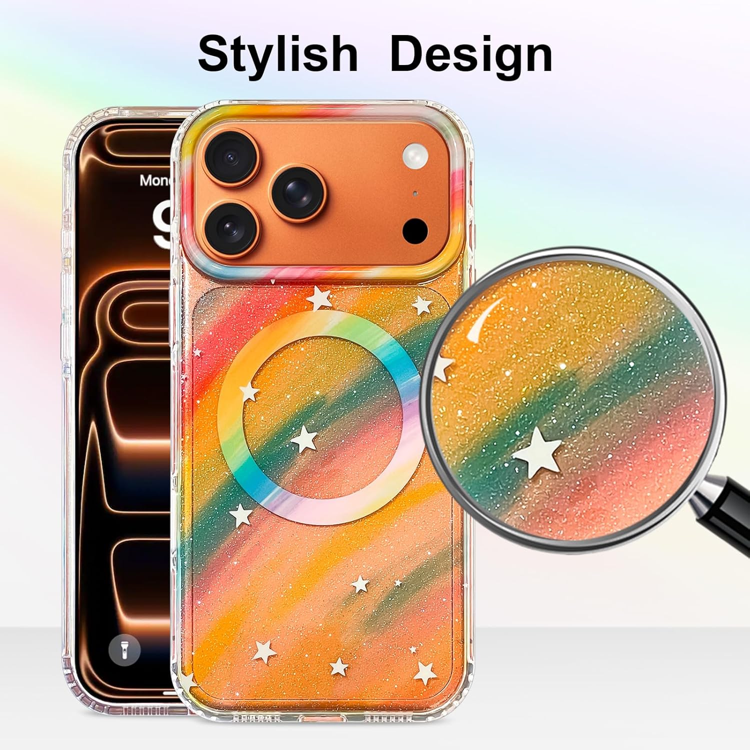 Bonoma Magnetic Case for iPhone 17 Pro Max [Compatible with Magsafe], Cute Fashion Fluorescent Glitter Design, Camera Protection Sparkly Bling Phone Cover for Women Girls 6.9 ich,Rainbow