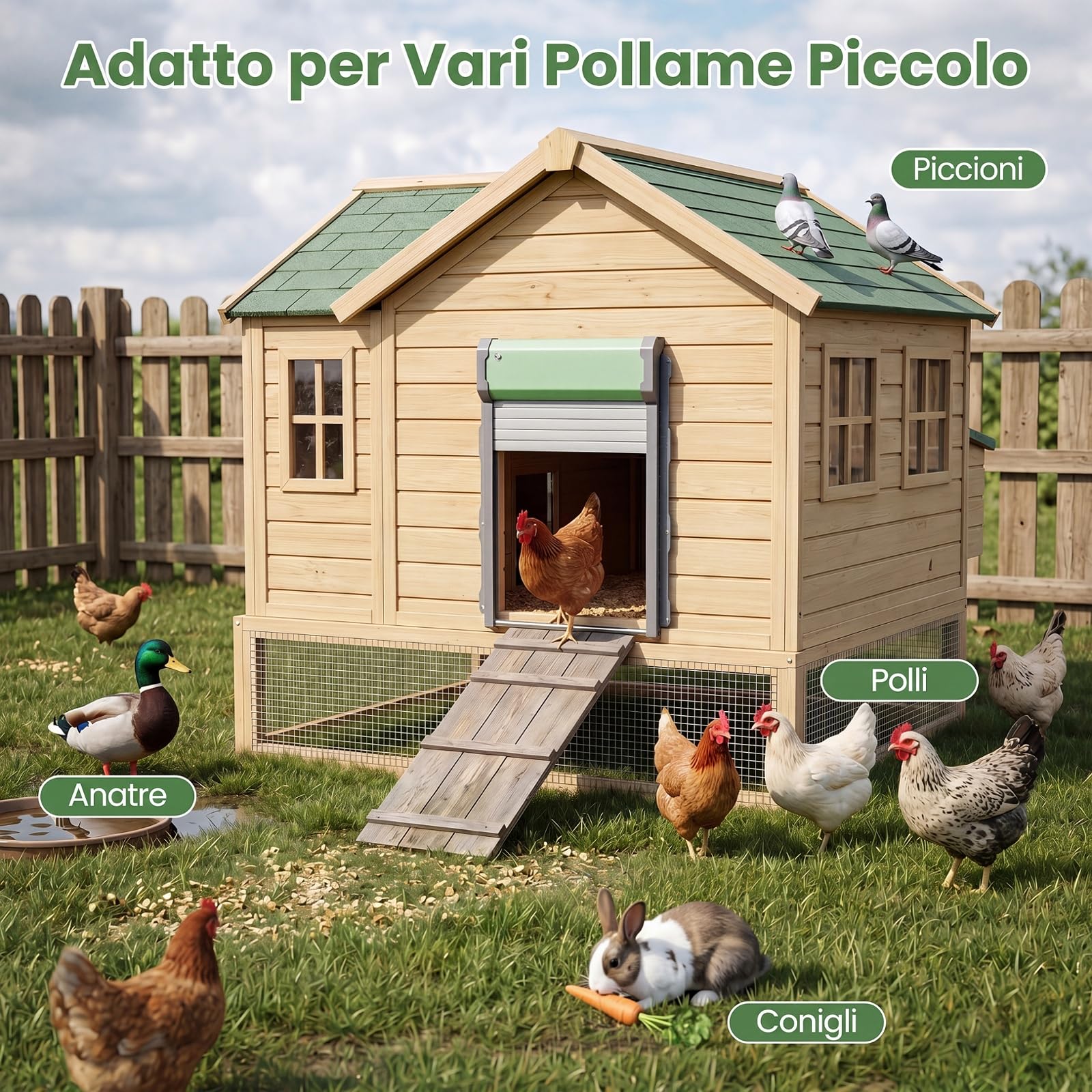 COSTWAY Porta Automatica per Pollaio, Alimentazione Solare e USB, Porta Anti-Pizzicamento per Galline con Sensore di Luce, Timer, Telecomando e Modalità Manuale, Ideale per Diversi Pollame