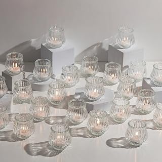 Glasseam Glass Tealight Candle Holder: Set of 24 Ribbed Clear Votive Candle Holders Bulk for Wedding Centerpiece Christmas Table Decorations Party