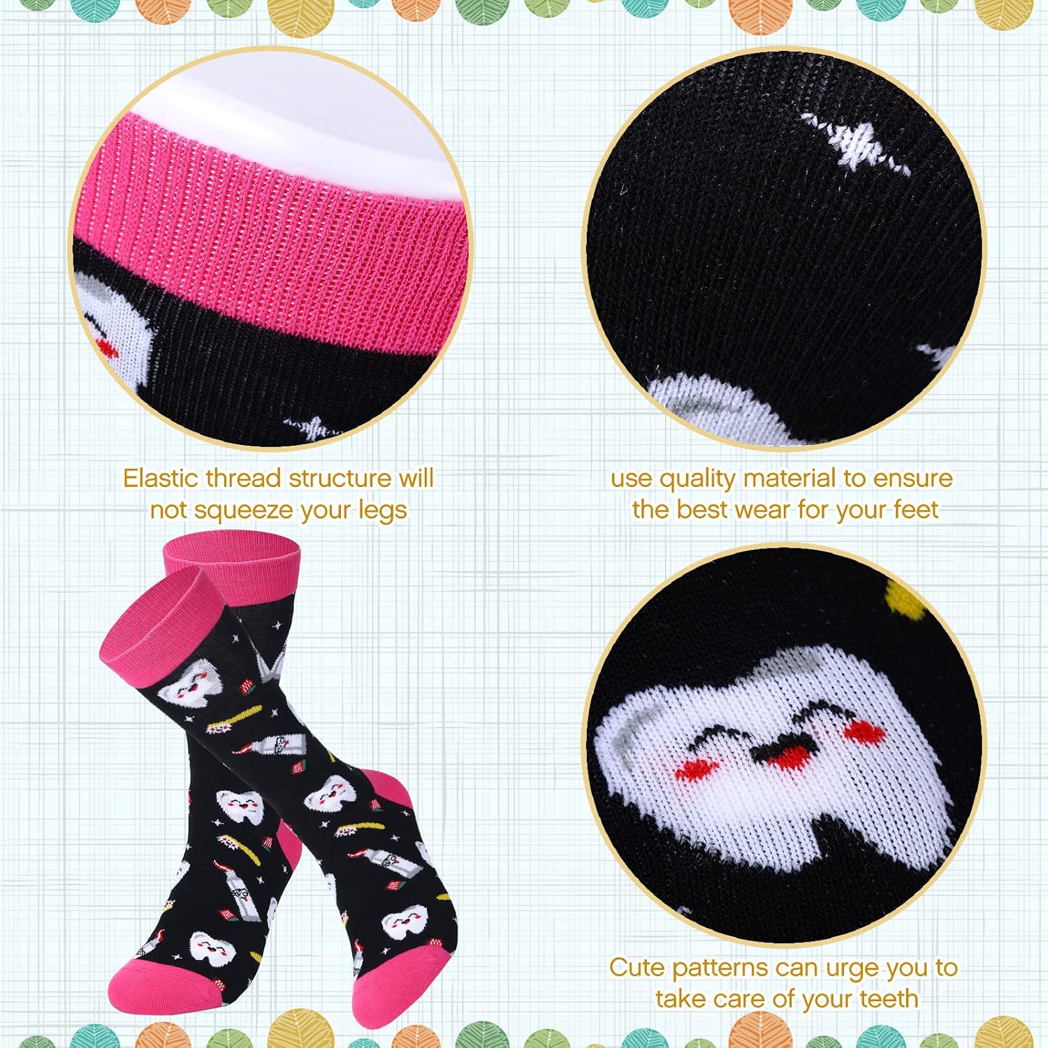 Vicenpal 3 Pair Dental Teeth Nurse Socks for Women Hygienist Cartoon Style image 3
