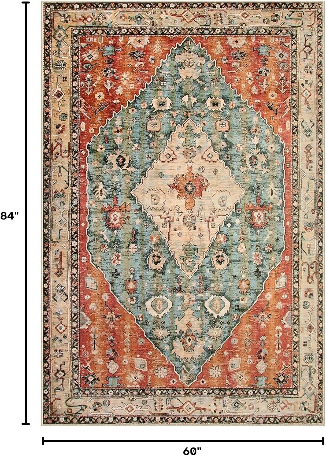 Lahome Felice Boho Tribal 5x7 Washable Living Room Bedroom Rug, Oriental Soft Dining Room Rugs for Under Table, Large Distressed Printed Carpet for Entryway Kitchen Playroom (Rust/Dull Teal,5x7ft) image 2